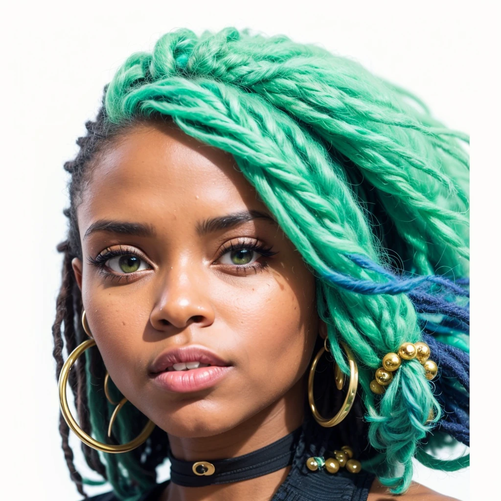 a Jamaican girl with blue and green dreadlocks hairstyle, wearing hoop earrings