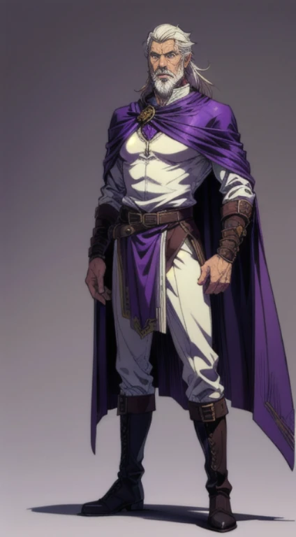 no background, background clean, standing character full body ((solo)), human old male beautiful adult, perfect slim body, beautiful charming cute face, serious face, long white hair, white beard, pretty detail eyes, extremely detailed eyes and face, dark purple armor mage, dark purple cloak, leather boots