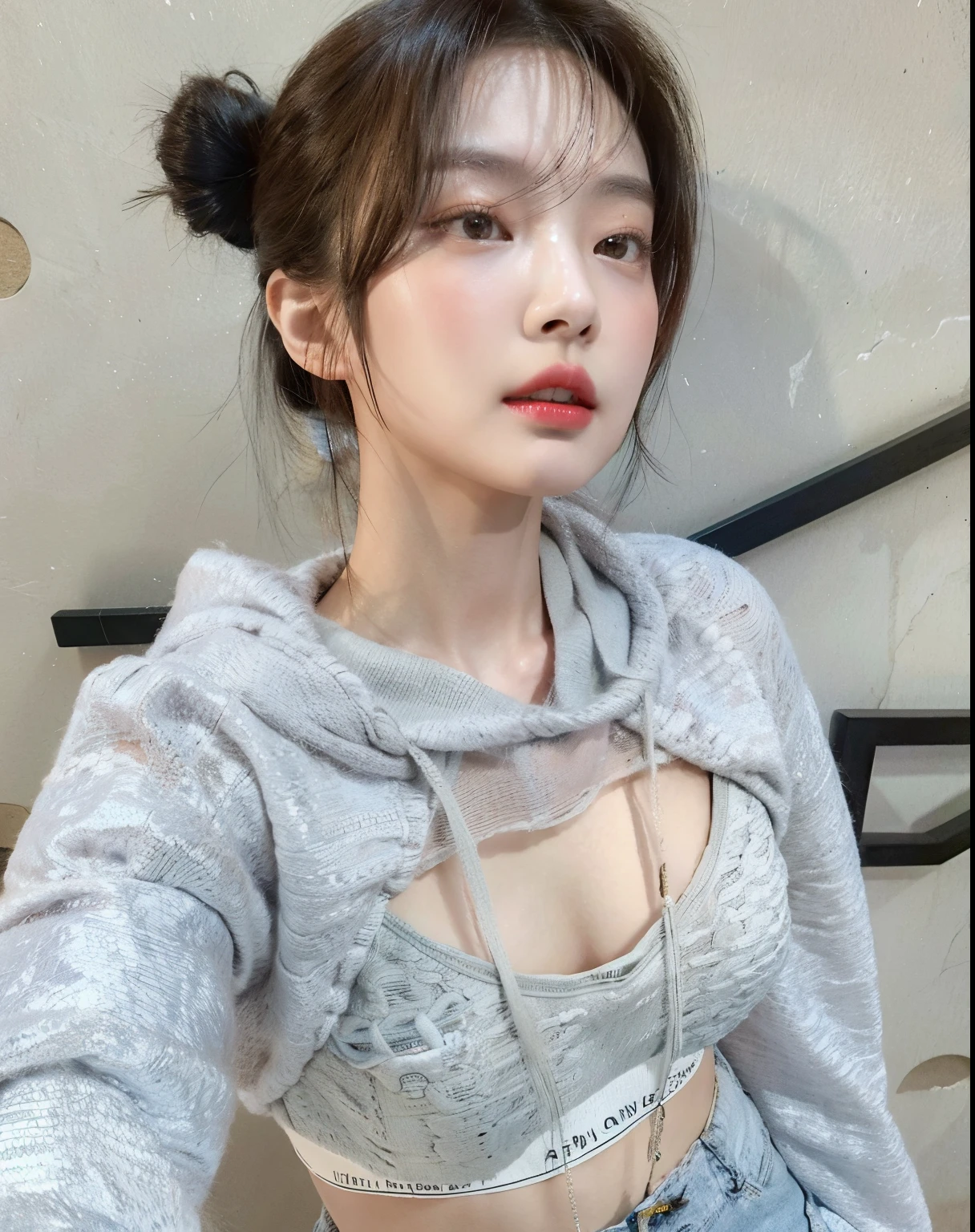 Arafed Asian woman wearing a gray top and blue jeans posing for a photo, ulzzang, Chica coreana, Heonhwa Choe, beautiful south Mujer coreana, Ropa de pecho Open V, Sakimichan, gorgeous young Mujer coreana, Mujer coreana, Chica con sudadera con capucha, Tendencias en CGVeStation, Jaeyeon Nam, beautiful young Mujer coreana, Foto de Slim Girl