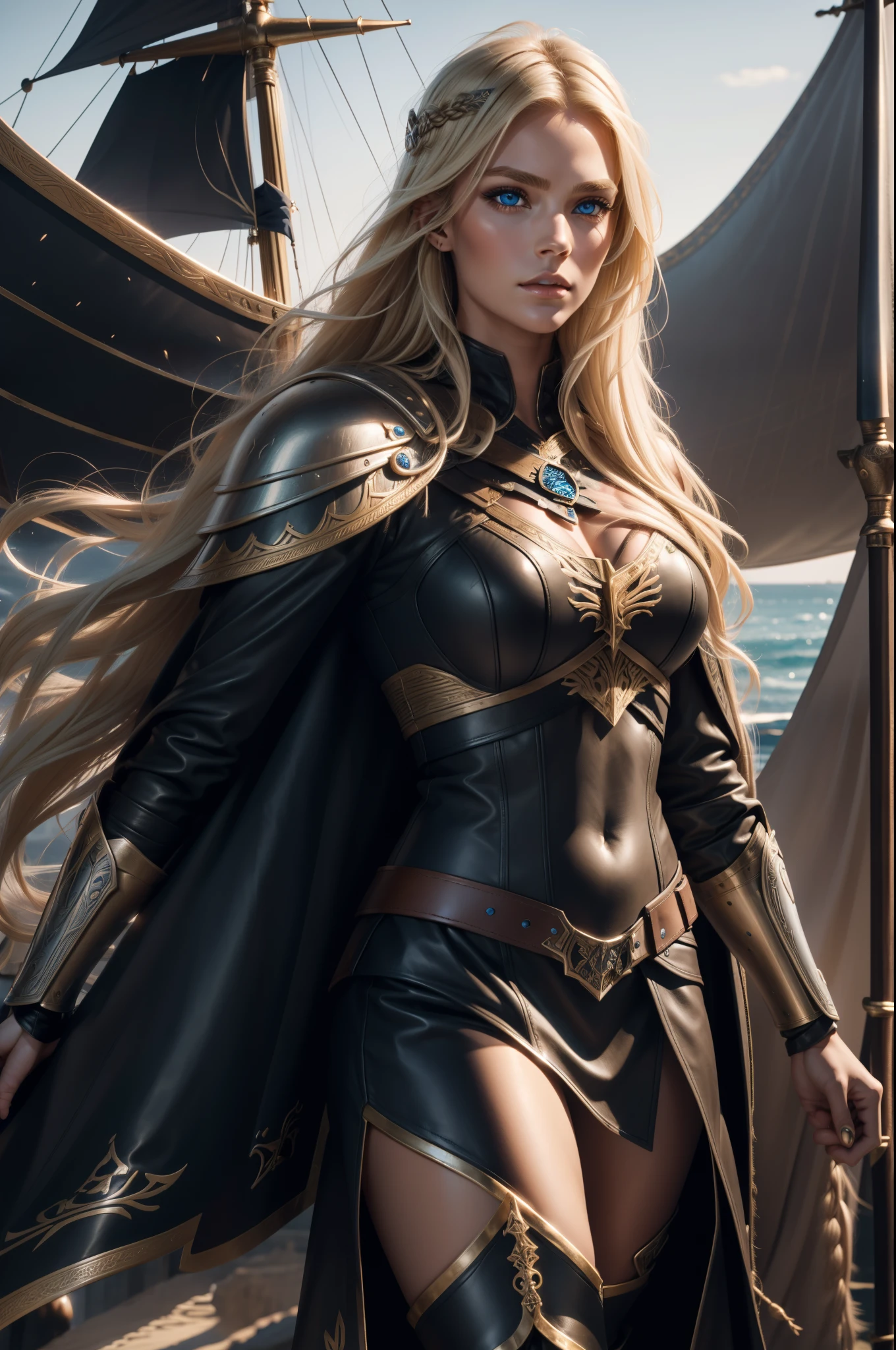 Gorgeous Woman, Valkyrie, Long blonde hair, blue eyes, detailed facial features, proportional hands, proportional fingers, leather armor, fur cape, viking ship,