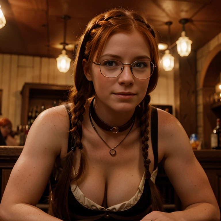 Penny Pax soft curves redhead long hair braids freckles blushing glasses collar medieval renaissance bar wench