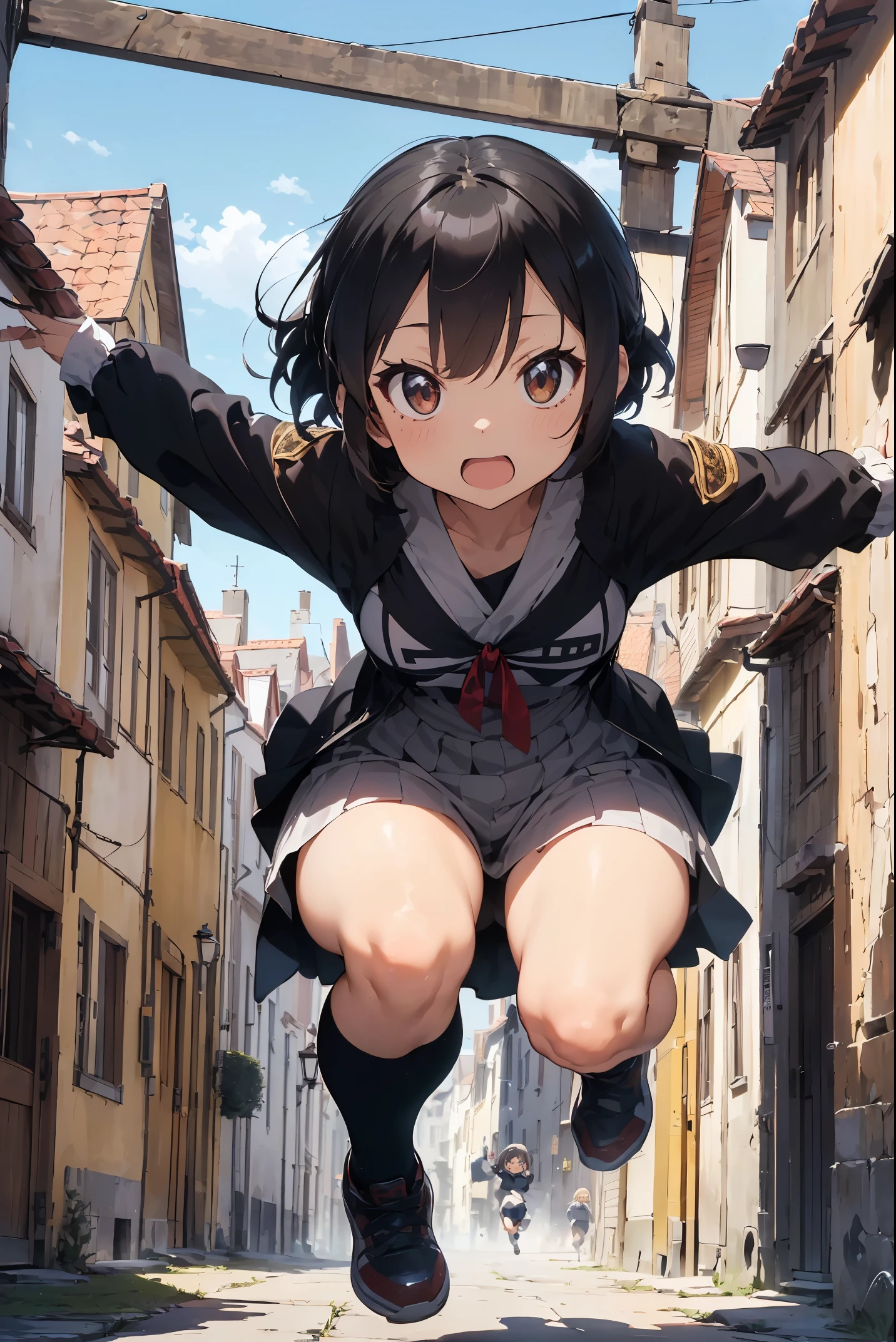 (masutepiece: 1.4), (Best Quality: 1.5), (Best Quality: 1.4),
Chibi, child of nobility, upper class costumes, (Running, Jumping, Climbing, moving movement: 1.3), Cute, Fun, vitality, Colorful, (Dynamism: 1.5), (Medieval European towns: 1.3)