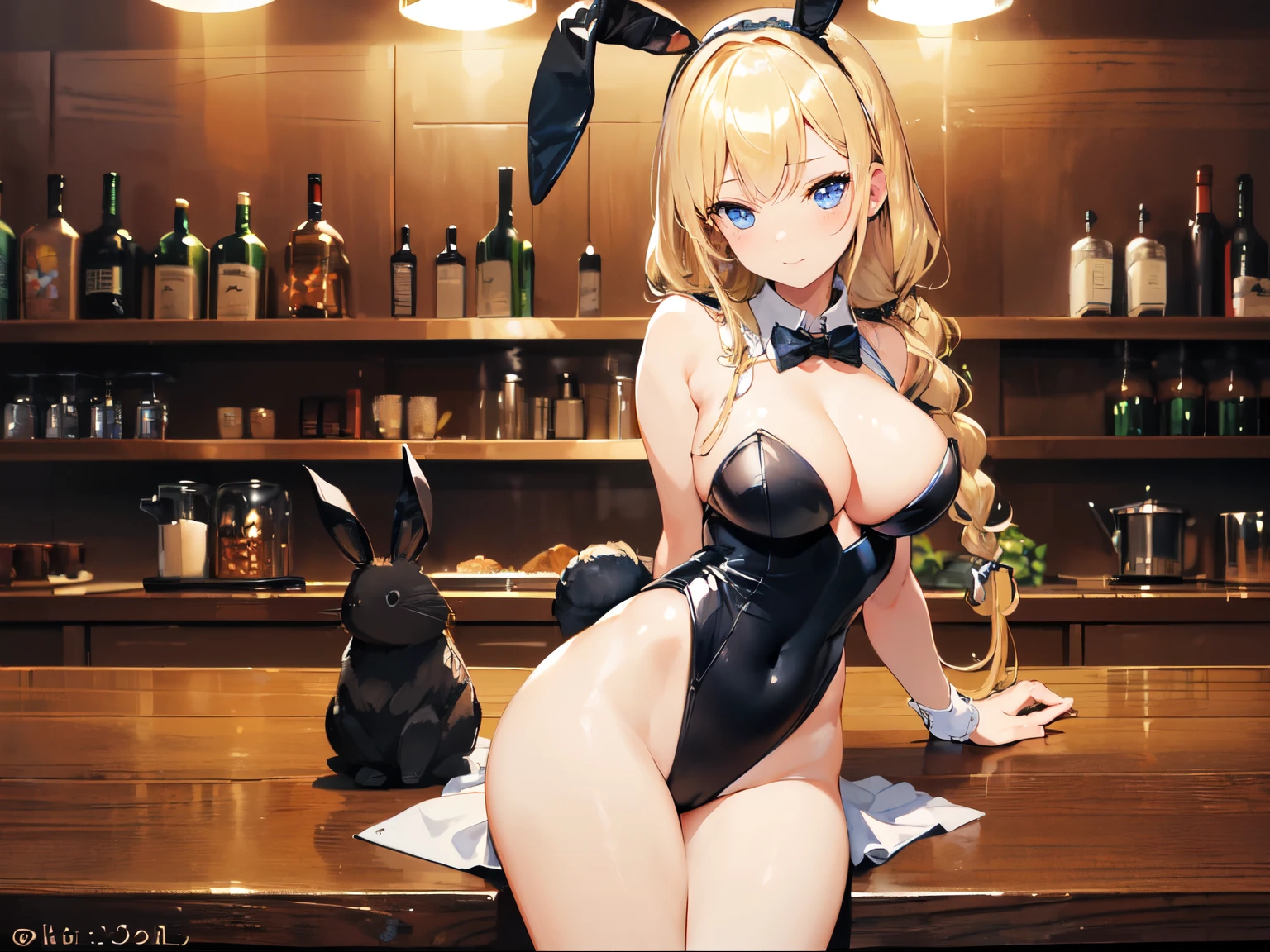 ((masterpiece, best quality)), High resolution, distinct image, (1girl), (solo), (female Focus), light smile, (black bunny girl), (blonde side braid hair 1.2), (blue eyes), (eyelashes), (large breasts 1.3), Arms behind back, sitting on table, bar, pub