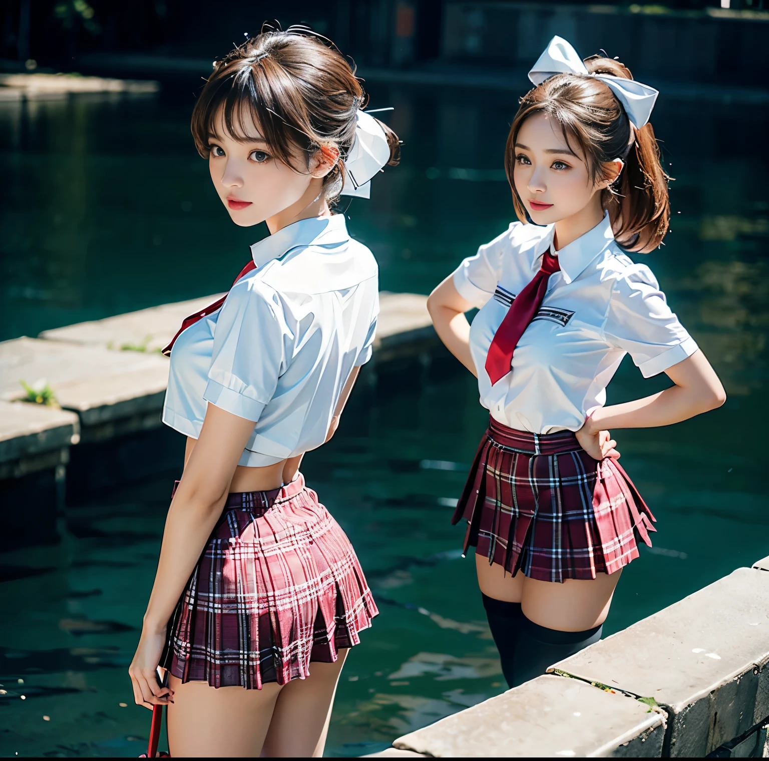 top-quality, 8K picture quality, ​masterpiece, A hyper-realistic, (Two girls side by side:1.2), Perfect body and firm big breasts, Bright whitening skin, A white stretch blouse with a deep red ribbon tie clings to the skin, Micro mini pleated tartan check skirt, (the skirt is incredibly short:1.2), (Stick out your butt and show off your beautiful butt:1.3), (above the knee while standing), thin-waist, strong lights,, (Intoxicated by the pleasure of showing your butt)