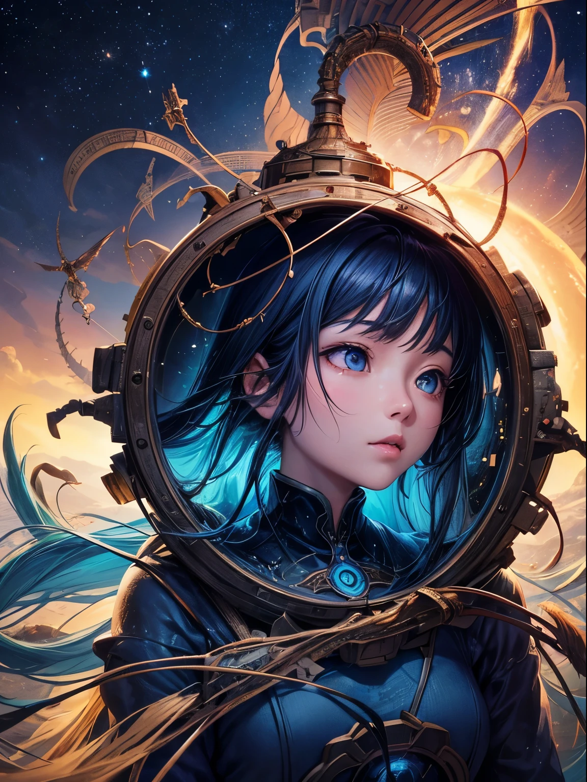 Stephen Youll, Hiroshi Masumura, Surreal, mysterious, strange, fantastical, fantasy, Sci-fi, Japanese anime, deeper into the depths of the blue night, mathematics and natural history, a beautiful girl in a dress, diving, perfect voluminous body, detailed masterpiece