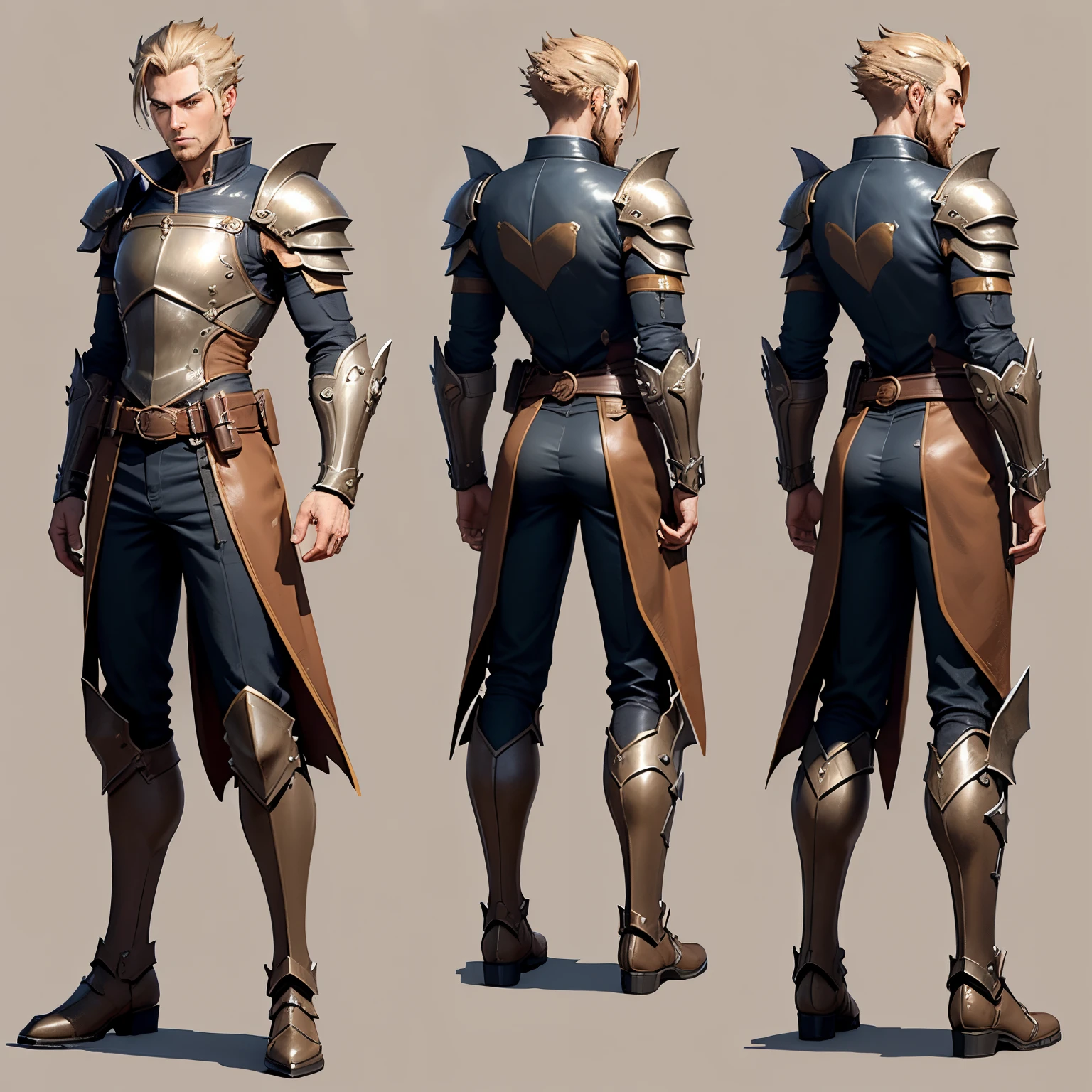 Close-up of a man in armor, ((character concept art)), ((character design sheet, same character, 3/4 angle view front, 3/4 angle view back)) maple story character art, video game character design, video game character design, maple story gun male, expert high detail concept art, metal bullet concept art, funny character design, gravity rush inspiration, sticky tar. Concept art, belt buckle at waist, steampunk weapon,