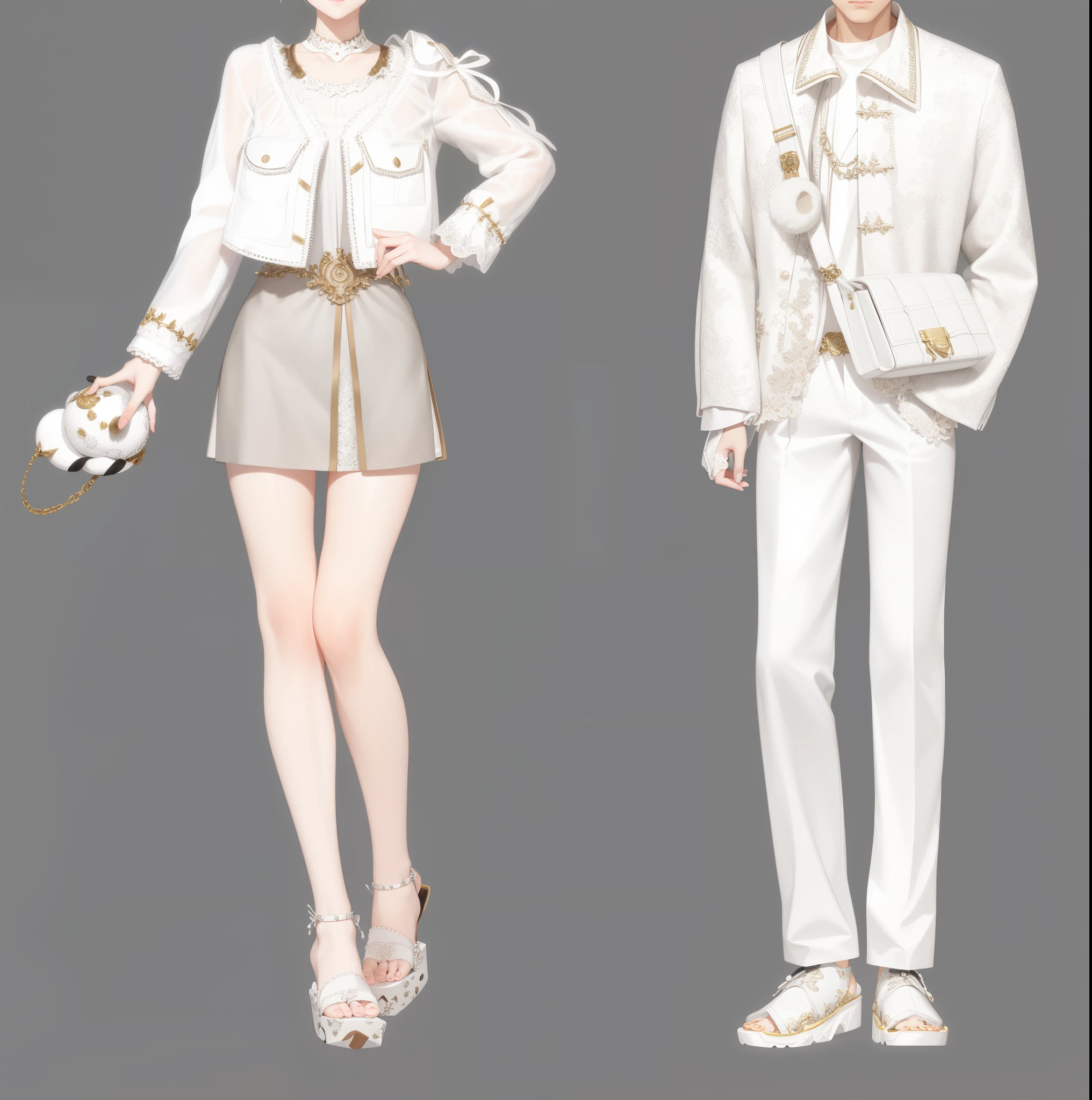 Anime style illustration of several people wearing white clothes, fashion concept art, 清晰的clothing design, lunar themed attire, clothing design, very detailed and rich clothing, Meticulous clothes, clothing concept, Style Games Square Enix, clothes high detail, white clothes, detailed full body concept art, White fashion clothes, fashion study, Detailed fashion illustration, casual white garment