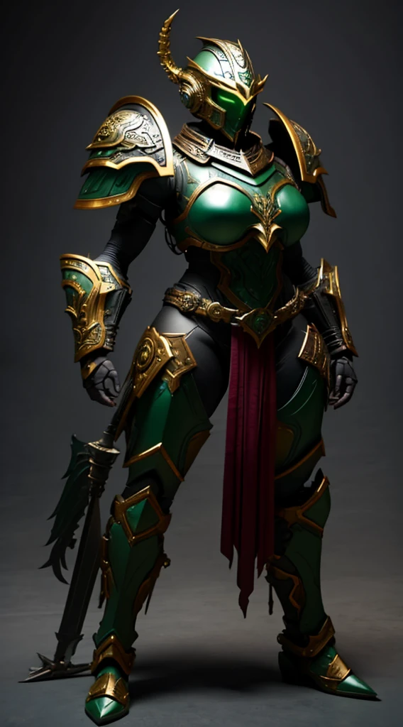 Armor,Orc style,Feminine design,with large breasts,with wide hips,Let the armor be green,Standing,Holding a mallet,with a closed helmet,Let the helmet have a pink crest,style of leather and iron armor,With Large shoulder pads, Have exposed thighs, long armor boots, Blue helmet visor, with Fangs on the helmet, with a voluptuous body, With a marked physique, with a marked abdomen on the armor, Good quality, good angle from the right, lighting from the front.