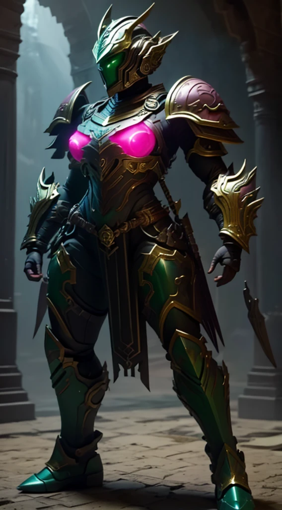 Armor,Orc style,Feminine design,with large breasts,with wide hips,Let the armor be green,Standing,Holding a mallet,with a closed helmet,Let the helmet have a pink crest,style of leather and iron armor,With Large shoulder pads, Have exposed thighs, long armor boots, Blue helmet visor, with Fangs on the helmet, with a voluptuous body, With a marked physique, with a marked abdomen on the armor, Good quality, good angle from the right, lighting from the front.