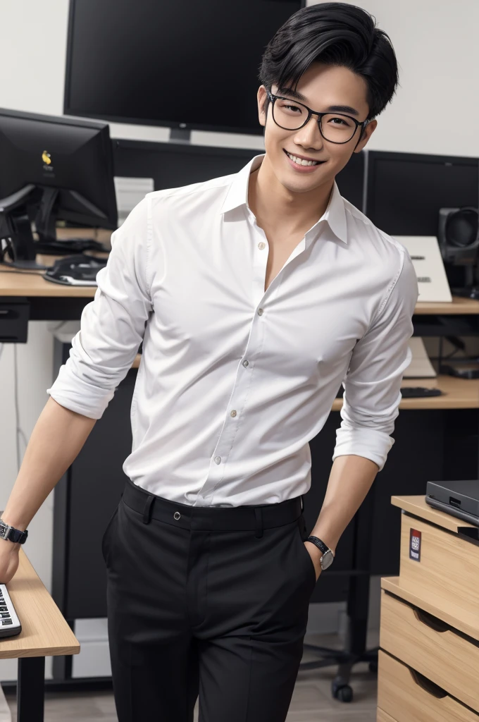 Head-to-toe image of a handsome, 18-year-old Asian man, black hair, light smile, wearing glasses, wearing a white shirt, black pants, and black leather shoes, standing on the floor with a work desk in an office, depth of field, cinematic lighting, wide shot, Ultra-Wide Angle, masterpiece, anatomically correct, ccurate, textured skin, high details, best quality, Realism, 4K