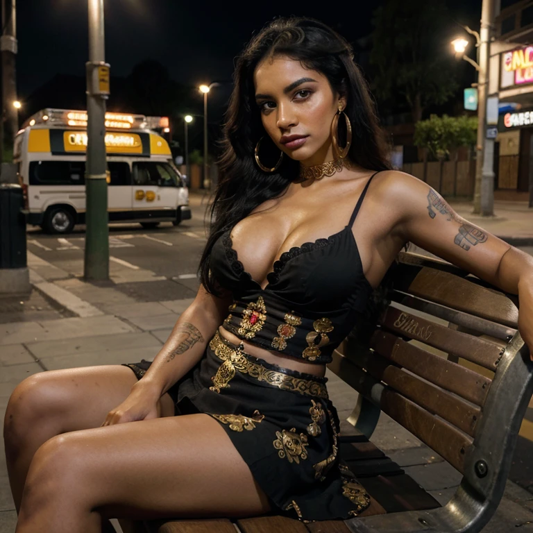 Photorealistic, Beautiful dark skinned latina girl, perfect face with clown makeup on, long straight waist length black hair, cleavage, gangster tattoos on chest, arms and legs, Large gold Hoop earrings, wearing ornate folklorico dress, bottle of tequila low income, sitting on a bus bench, under a street light, city street, at night, , 8K,