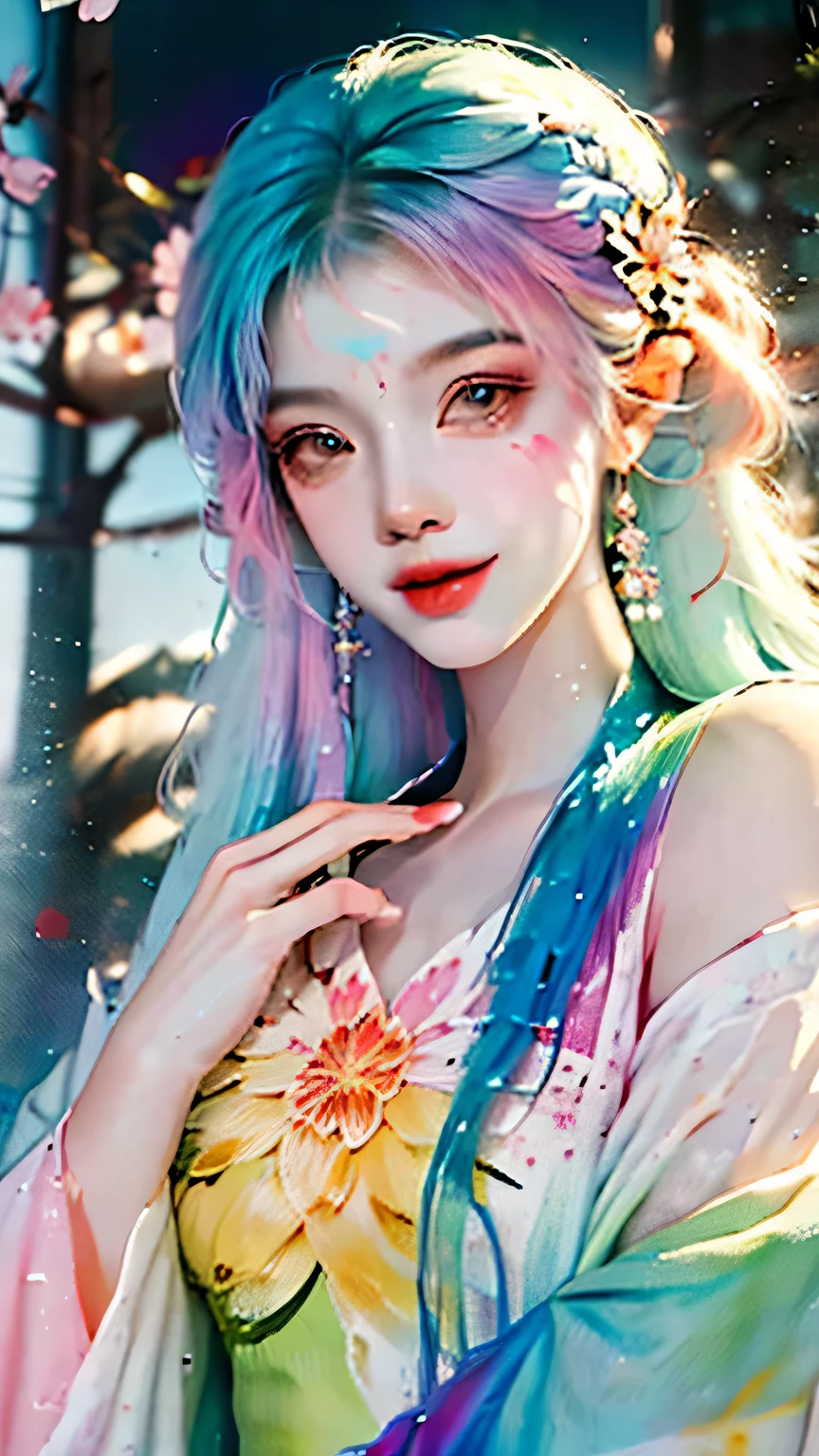 (tmasterpiece, Best quality, A high resolution), Lotus background, ((paint splatter, colored splashing, Splash ink, colored splashing)), ((Sweet Chinese girl, rainbow hair)), red pink lips, street frontage, upper part of body,Lotus in the background, Lotus flowers in the water,ssmile,(Gaze at the camera)