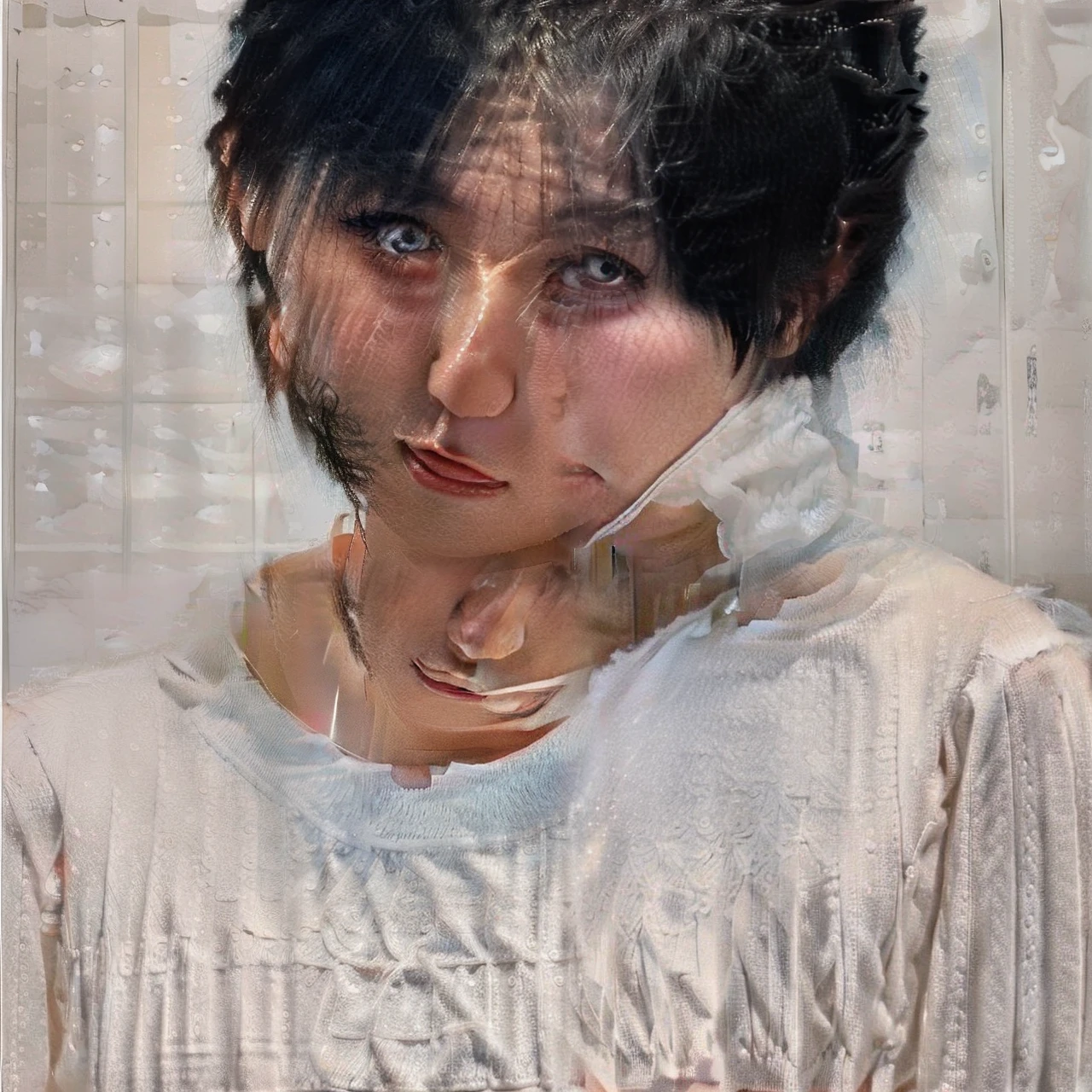 cinematic, Blue hour, (((Ultimate ultra Photorealistic, ultimate high-quality 32k photo))),(((An American shot photo, crossed arms, a40yo ultimate beautiful &cute Japanese actress, looking at viewer:1.5))),(((She has a very intelligent and ultimate beautiful Japanese face&black eyes, pointy nose, ultra detailed face, oval face, blushing cheeks, ultimate well-proportioned face, seductive smile))),((black elegant wet short bob, very light naturally makeup)),(((She has the ultimately perfect nice&Sensual proportions, very just fitted v-neck half sleeve white elegant business buttonless Open-collar blouses , white beautiful ultimate realistic glossy wet Japanese lady Fair and beautiful very sweaty skin , A simple and modest silver necklace,Stormy Summer very Humid and Hot very dark Night ,Tokyo business night street)))