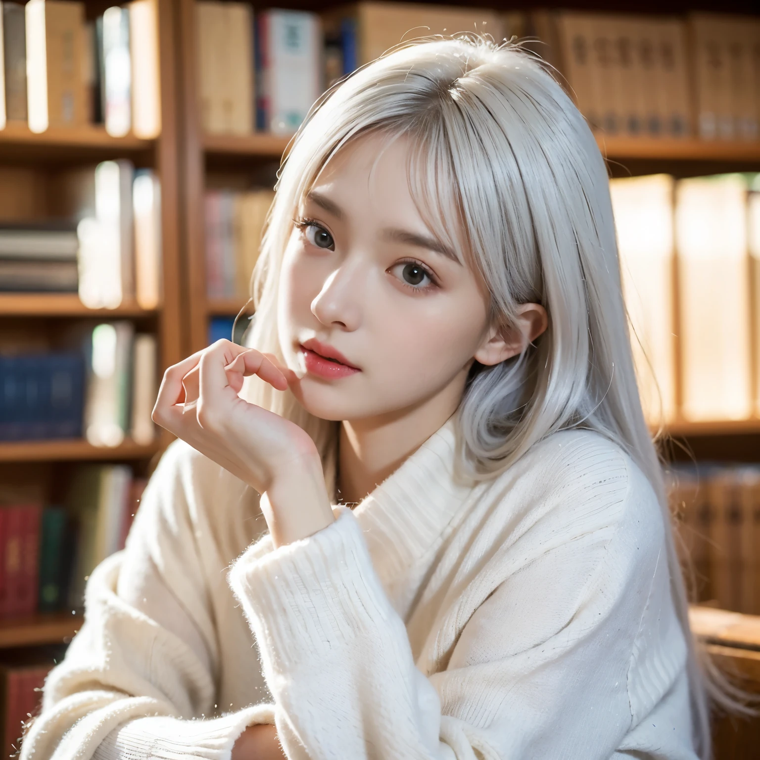 mix4、(8K、Raw photography、top-quality、masterpiece:1.2)、(realisitic、Photorealsitic:1.37)、1girl in、A young woman with a delicate and slender face, gentle brown eyes, semi long hair,she seems thoughtful and introverted, Demonstrates delicate expressiveness and deep insight. her appearance is elegant and sophisticated, add an artistic sensibility.Being in the library, Leaning on the bookshelf、Bright lighting on the face、White knitwear、beautiful white hair color、Transparent white hair color、