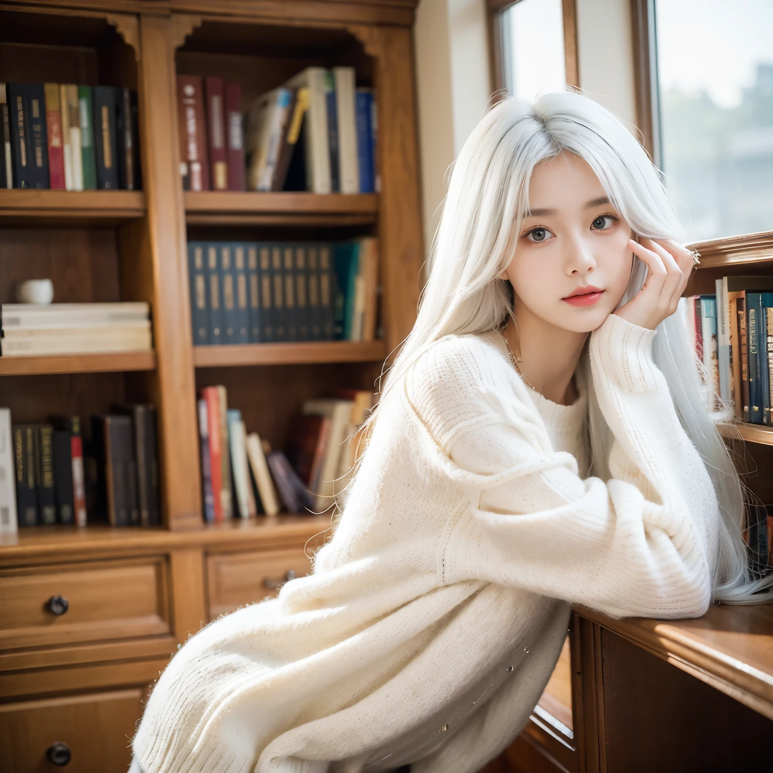 mix4、(8K、Raw photography、top-quality、masterpiece:1.2)、(realisitic、Photorealsitic:1.37)、1girl in、A young woman with a delicate and slender face, gentle brown eyes, semi long hair,she seems thoughtful and introverted, Demonstrates delicate expressiveness and deep insight. her appearance is elegant and sophisticated, add an artistic sensibility.Being in the library, Leaning on the bookshelf、Bright lighting on the face、White knitwear、beautiful white hair color、Transparent white hair color、