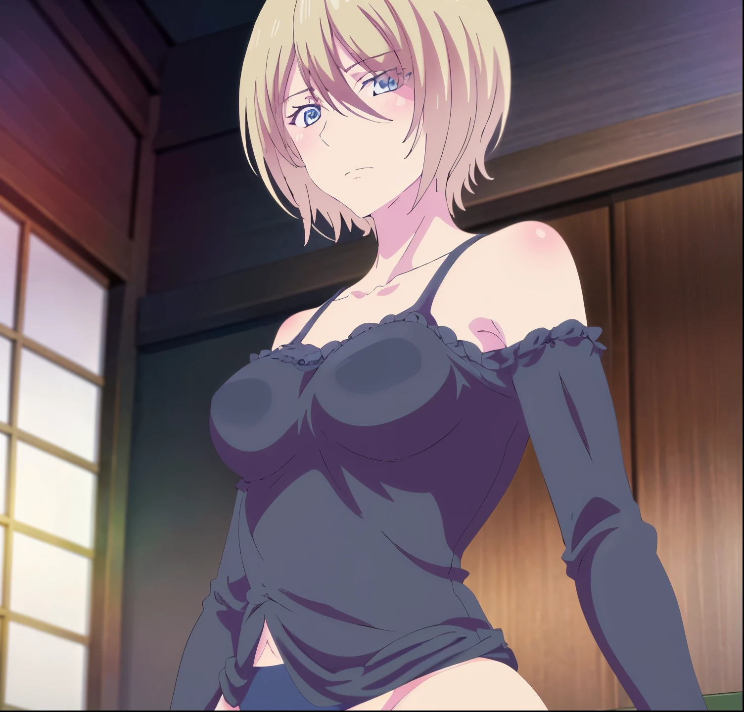 akaneh, 1girl, solo, looking at viewer, short hair, blue eyes, blonde hair, shirt, hair between eyes, bare shoulders, medium breasts, black panties, black bra, shirt pull, white shirt, underwear, underboob, from below, collared shirt, long sleeves, blush