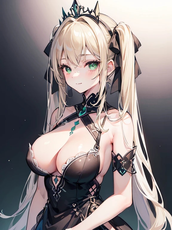 (bestquality, masterpiece), (An elegant girl , 1girl , solo, "black and silver Dress ",  boobs ,standing, looking at the audience, "Blonde Hair", Long-haired, "pigtails" , Diadem, Gradient green eyes, closed mouth, shy ,smile , upper body ), (white background)