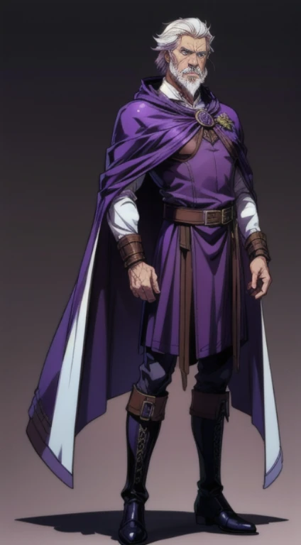 no background, background clean, standing character full body ((solo)), human old male beautiful adult, perfect slim body, beautiful charming cute face, serious face, long white hair, white beard, pretty detail eyes, extremely detailed eyes and face, dark purple armor mage, dark purple cloak, leather boots