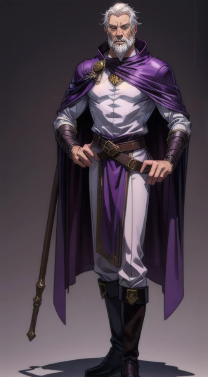 no background, background clean, standing character full body ((solo)), human old male beautiful adult, perfect slim body, beautiful charming cute face, serious face, long white hair, white beard, pretty detail eyes, extremely detailed eyes and face, dark purple armor mage, dark purple cloak, leather boots