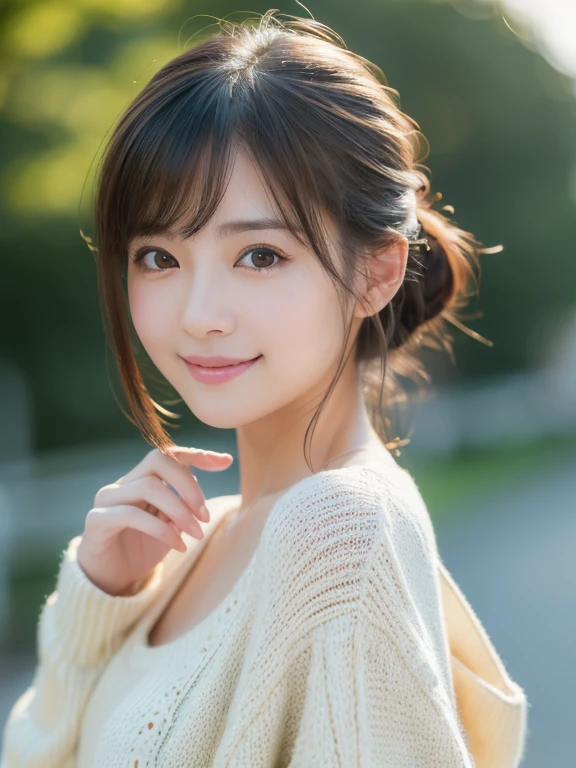 (8k, RAW photo, best quality, masterpiece, ultra detailed:1.2),(realistic, photo-realistic:1.4), sharp focus, depth of field, blur background, bokeh, cinematic lighting, soft light, cute Japanese actress, (detailed skin: 1.2), pale skin, brown eyes, smiling, happy, looking at viewer , dark green sweater, white down jacket, (upper body shot:1.2), (looking back:1.2)