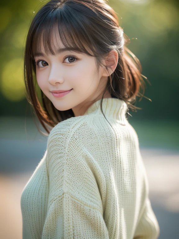 (8k, RAW photo, best quality, masterpiece, ultra detailed:1.2),(realistic, photo-realistic:1.4), sharp focus, depth of field, blur background, bokeh, cinematic lighting, soft light, cute Japanese actress, (detailed skin: 1.2), pale skin, brown eyes, smiling, happy, looking at viewer , dark green sweater, white down jacket, (upper body shot:1.2), (looking back:1.2)