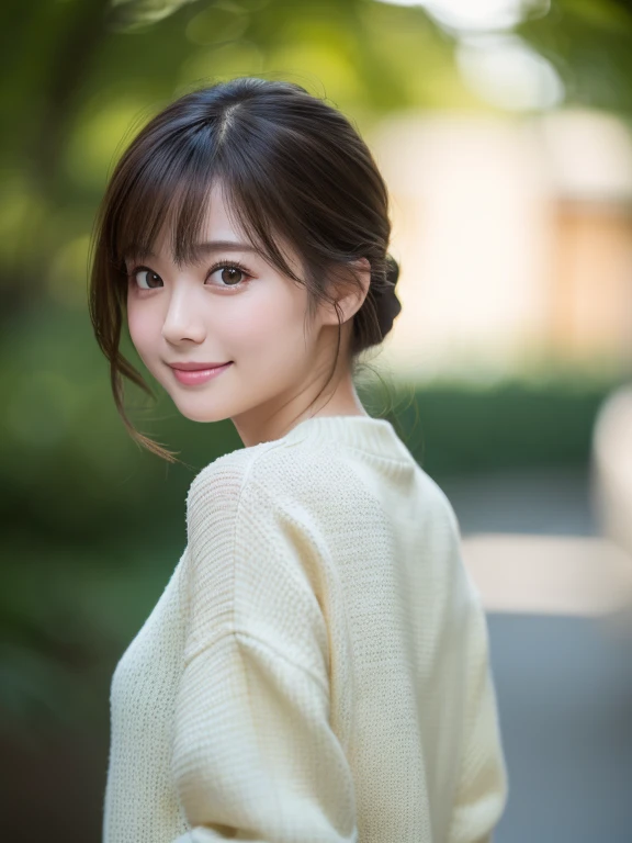 (8k, RAW photo, best quality, masterpiece, ultra detailed:1.2),(realistic, photo-realistic:1.4), sharp focus, depth of field, blur background, bokeh, cinematic lighting, soft light, cute Japanese actress, (detailed skin: 1.2), pale skin, brown eyes, smiling, happy, looking at viewer , dark green sweater, white down jacket, (upper body shot:1.2), (looking back:1.2)