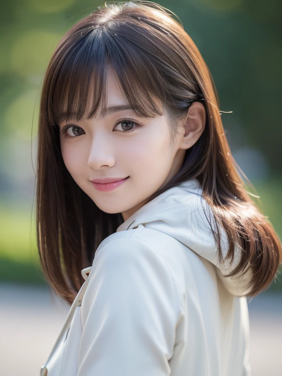 (8k, RAW photo, best quality, masterpiece, ultra detailed:1.2),(realistic, photo-realistic:1.4), sharp focus, depth of field, blur background, bokeh, cinematic lighting, soft light, cute Japanese actress, (detailed skin: 1.2), pale skin, brown eyes, smiling, happy, looking at viewer , (white down jacket:1.2), (upper body shot:1.2), (looking back:1.2)