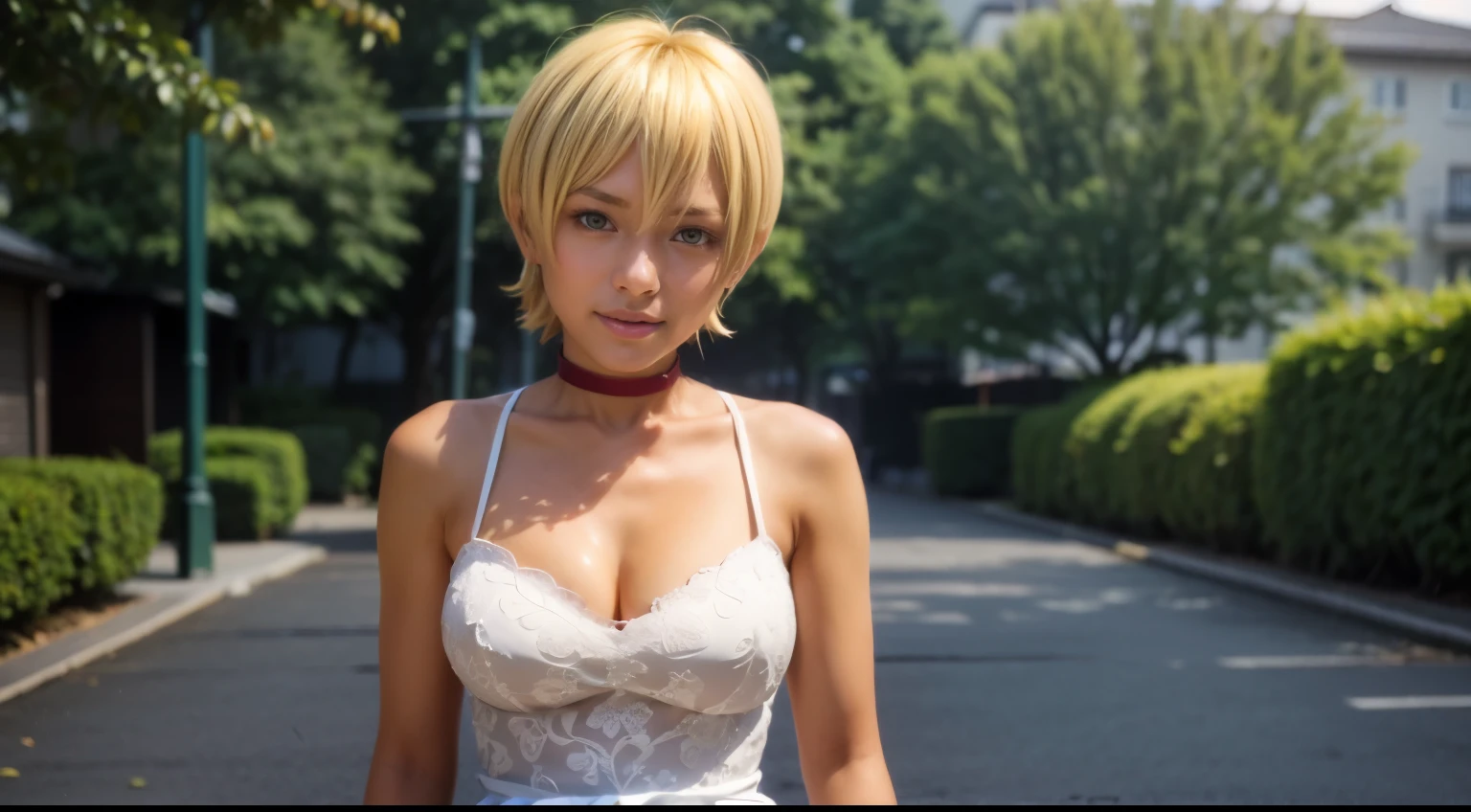 ((masterpiece,best quality)), absurdres, Mito_Ikumi_Shokugeki, blonde hair, dark skin, green eyes, short hair, 1girl, solo, ahoge, choker, solo, smiling, looking at viewer, cowboy shot, upper body, detailed face, detailed eyes, wedding dress, at the park, sitting, flowers