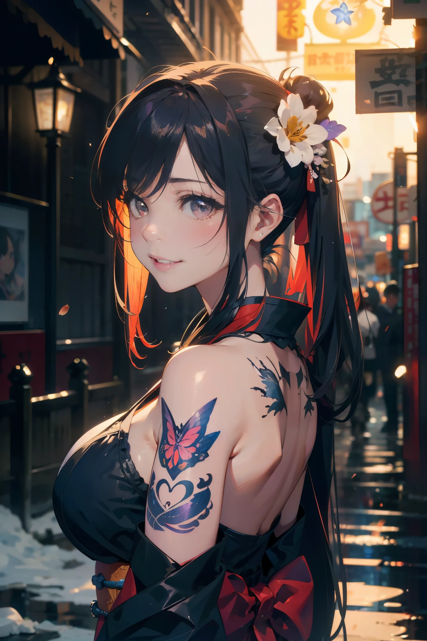 a 20 yo woman、Blackberry Hair、long twintail、Big smile、cleavage of the breast、Thighs at a glance、fishnet tights、Long cheongsam with long purple ankles on open chest、(hi-top fade:1.3)、dark themed、Muted Tones、Subdued Color、highly contrast、(natural skin textures、Hyper-Realism、Soft light、sharp) (masutepiece, of the highest quality, Best Quality, Official art, Beautiful and aesthetic: 1.2), (1girl in: 1.3), Very detailed, (Fractal Art: 1.1), (Color: 1.1) (Flowers: 1.3), (By Yuko Higuchi:1.4), Yuko Higuchi,(posted by Yow:1.2),(linear art),Line drawing,Pen drawing,Zentangle,(Tattoo patterns:1.2),(complex lines),(masutepiece),(Best Quality:1.1), (Ultra-detailed),Best Illustration,finely detail,hand-drawn high quality,High contrast,(Clean lines:1.3),ligne claire,(Portrait),(very closeup:1.1),1 girl,Solo,The girl is wrapped in snow,(Intricate details:1.3),(Detailed background:1.2),(coloured background:1.1),sketch,Intricate details,High resolution，a moon，top-quality、8K、hight resolution、​masterpiece、(portlate:0.6)、A dark-haired、Middle hair、(grinning evily:1.3)、(Look at viewers:1.3)、(bokeh dof)、18year old、8K, masutepiece, (Photorealistic:1.5), Artistic portrait from behind ((Yakuza Girls) Wearing kimono), back tattoo, Revealing the tattoo on the back, (Dragon tattoo), Bare shoulders, huge-breasted,  Beautiful skin, Slim Fit Body, Cute face, nice appearance, look at viewr, Red hair in a bun with bangs, Foggy, Daylight, skyscapers, Clouds, Cozy and cool atmosphere, Dynamic lighting, natural, artistic，18-year-old girl Wahori skin, Yakuza, Japan Mafia, Background of Tokyo Red Light District, Realistic, Photoreal, masutepiece, Best Quality, Movie photo of a Japan cartel gang with tattoos, epic lighting, Yakuza tattoos on Japan, japanese art on behance, Japan culture, Sexy, Exotic, Erotic，Tattoo of butterflies and flowers on the upper body，Tattoo of a huge number of flowers on the arm、