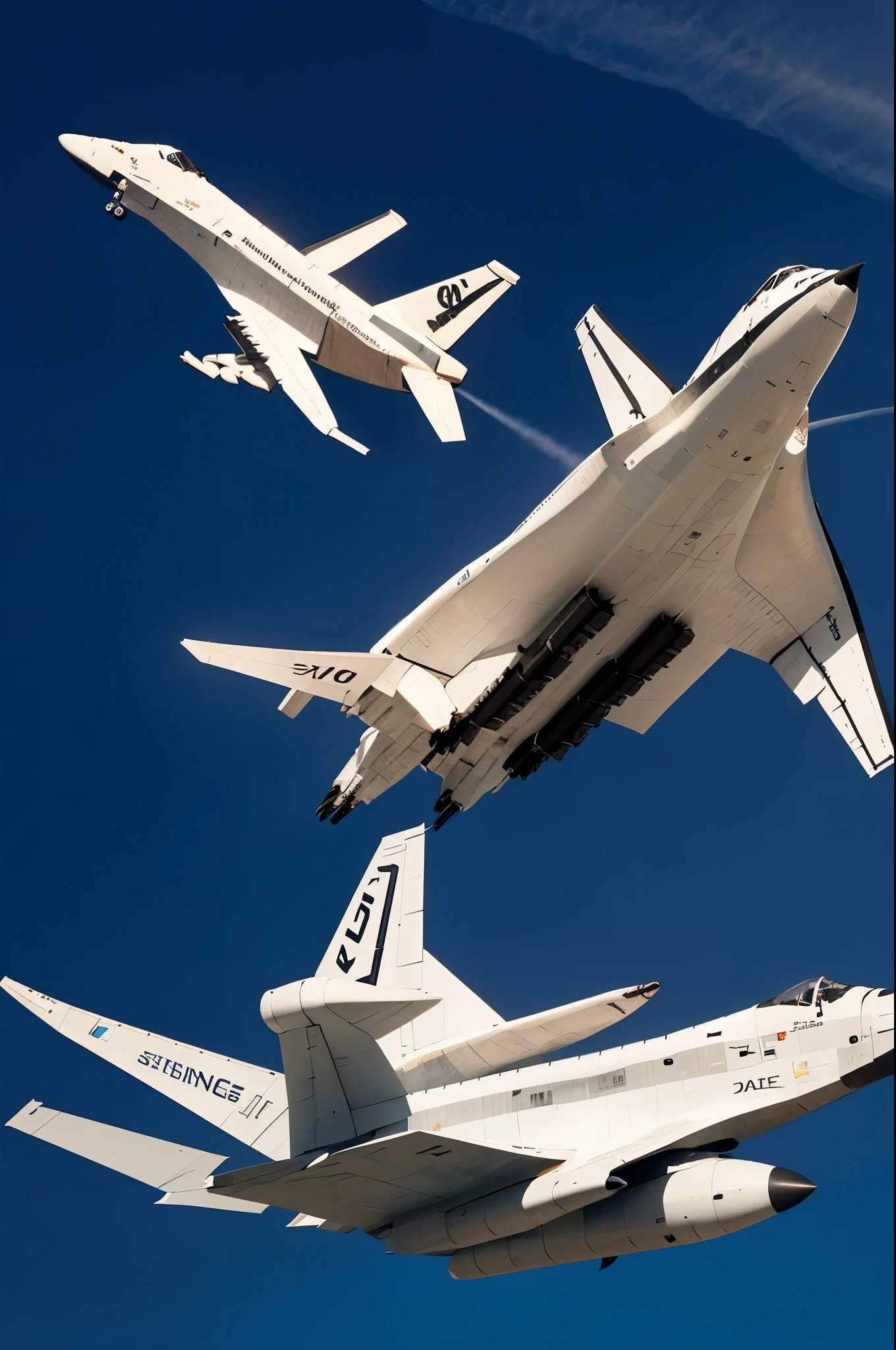 Draw a picture of two J-20s escorting a space shuttle taking off and landing vertically