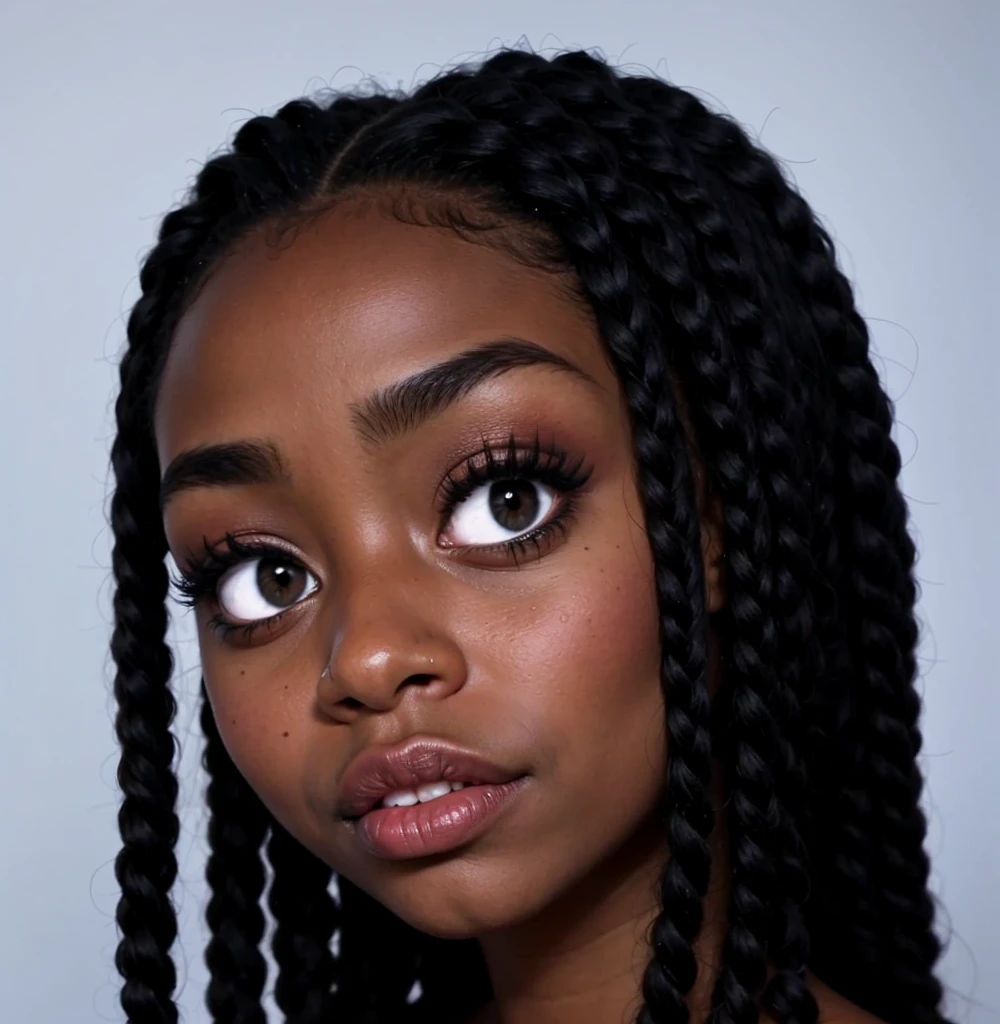 an African American girl with black box braids hairstyle, with thick lipgloss lips
