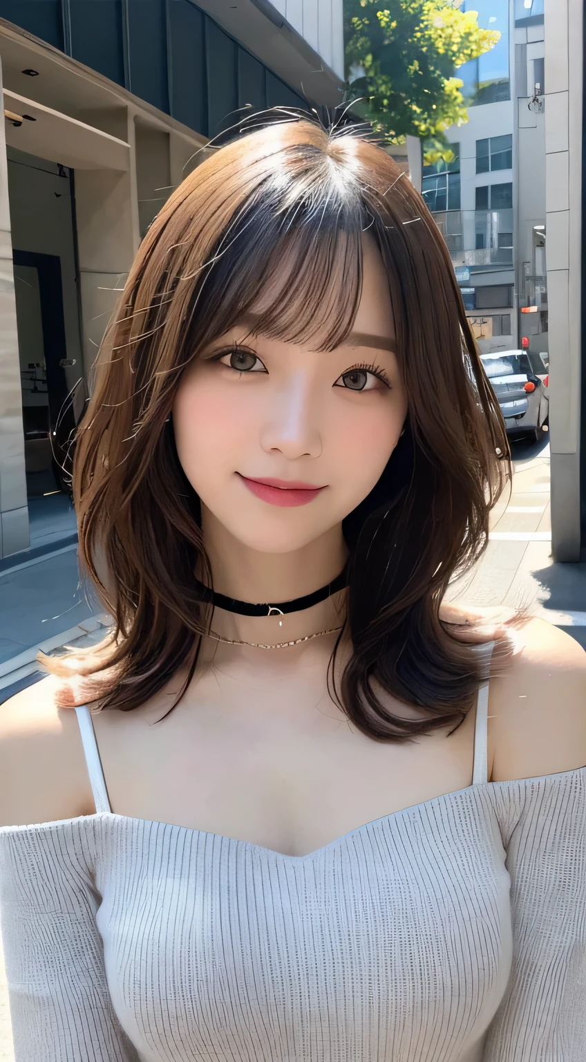 masutepiece, Best Quality, Illustration, Ultra-detailed, finely detail, hight resolution, 8K Wallpaper, Perfect dynamic composition, Beautiful detailed eyes, doress,Medium Hair, mid-chest, Natural Color Lip, Random and sexy poses,Smile,Aoyama Street Walk、20 years girl、Colossal tits、Too much exposure、No shoulder knitwear（shuicolor）、Exposing the chest、Slid、Choker with chain
