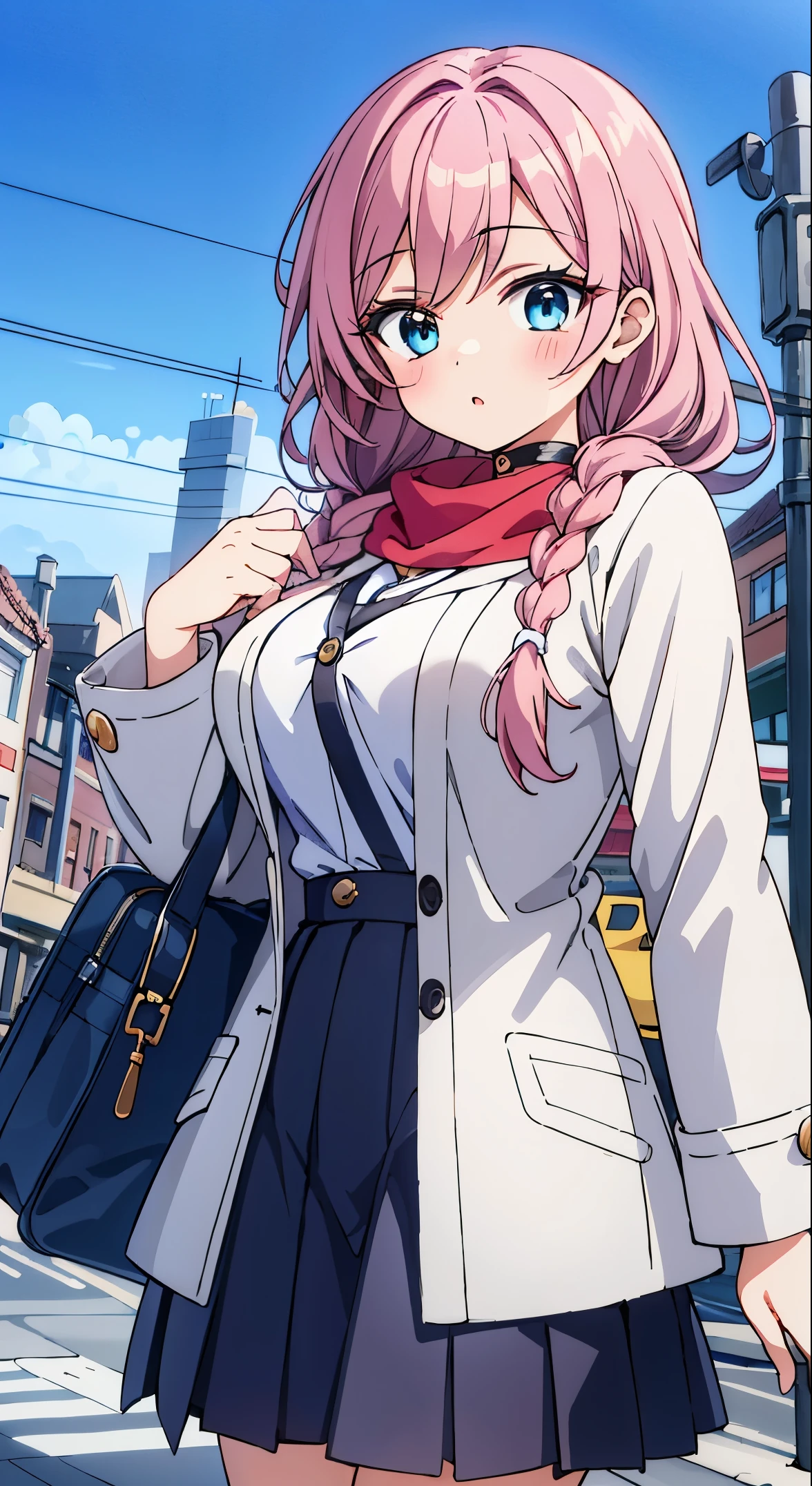 (masutepiece, Transparent air, 透明なThe eye,Best Quality, Perfect Anatomy, High quality:1.4), absurderes, absolutely resolution, unbelievable Ridiculous, hight resolution, ultra-detailliert, Official art, Unity 8k壁纸, Kinetic typography,nice hand, Perfect hands, Detailed beautiful hands, Large_filesize, fulcolor, hight resolution, symmetric, exceptional, Best aesthetic, newest, Anime, very beautiful detailed body,The hair,faces,The eye, BREAK, 1 beautiful girl, (17 years old girl),Solo,(kawaii系:1.5),(Chibi:0.6),(kawaii:1.5),(Lori:0.5),BREAK,(17 years old girl), 1 beautiful girl,Very detailed,colourfull,highest details,Clear skin,Beautiful skin,Shy,Very detailed,colourfull,highest details,BREAK,Clear skin,Beautiful skin,Shy skin,BREAK,{Heterochromia,青いThe eye,緑のThe eye,PUPILS SPARKLING:1.5},star eye silhouette,BREAK,(Pink hair, Medium length:1.4),(Twin braids,A little curly hair,Princess Cut, 交差した前The hair:1.3),(Big breasts,Beautiful breasts,Large breasts:1.5),(long eyelashes, Double eyelids:1.2),Solo,gleaming skin, Clear skin, Beautiful skin,(最高品質のfaces),(最高品質の輝くThe eye), (最高の笑faces,ドヤfaces:1.45), BREAK (Pink Theme:1.4), (Vivid colors:1.3), ( Wintersの服,Long sleeves) (Skirt, Black skirt, Pleated skirt ), Miniskirt, ( coat ),School bag,Handbag,Shoulder bag,The hairにツヤを与える効果, Soft smile, (Closed eyes:0.7), White coat,Looking at Viewer, Sparkle effect, random colored petals, Many petals, Fluttering petals, prismatic effects, BREAK,(day), Standing,a closed mouth,(architecture, building, Choker, city, Cityscape, Outdoors, building, city,lamp post, Power lines, scarf, skyporn, Snow, Solo, utility pole, Winters:1.55), Waterfall,depth of fields, BREAK,wakame,wakame,wakame,(Cowboy Shot:1.4), BREAK,(Blurry background:1.3),(absurderes, hight resolution, Super Detail Art),cel shading,Clear Color, Lonely optical effect, Beautiful pictures, Bright glow, mystic atmosphere,(Close-up of girl:1.1), Mystical light particle effect,manga influence, clean line drawings,