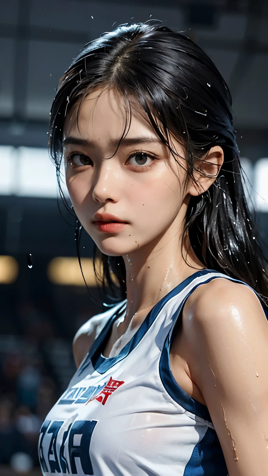 (best quality:1.2), masterpiece, Realistic, Ultra-high resolution, ((a beautiful Japanese idol  woman:1.2)), (Gaunt:1.3), (((Very flat chest:1.4))), ((Baby Face)), your armpit:1.2), ((Armpits are wet and shiny with sweat)), She has skin that sweats easily Soaking wet, Sweaty, (I can see my pores:1.4), (athletics stadium, track and field athlete:1.2)