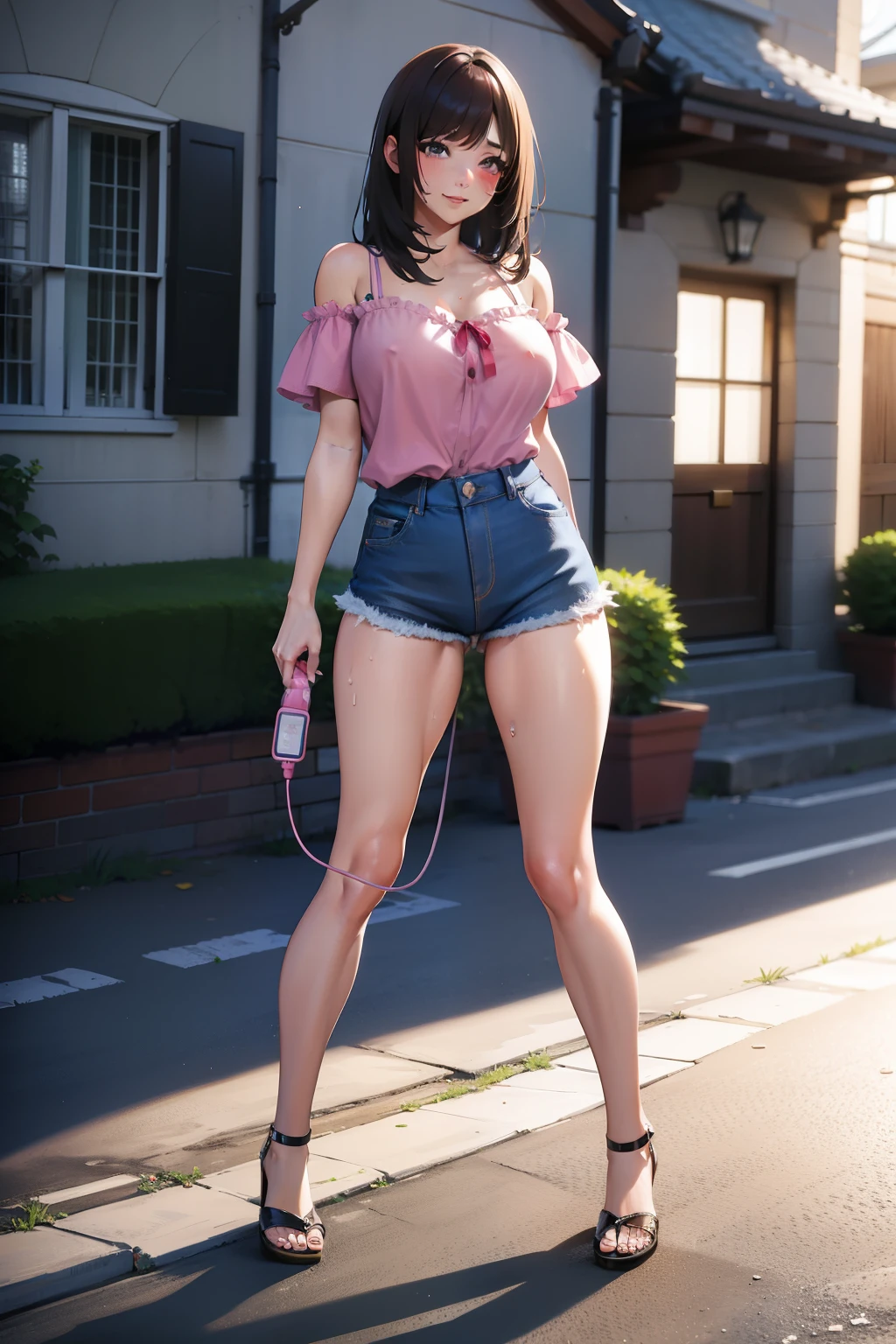 nfsw, masutepiece, Best Quality, High resolution, 1woman, house wife, city street, sunlight, blue sky, Full body, detail face, detail woman, detail hands, detail fingers, detail leg, large breasts, large ass, pink camisole, very short denim hot pants, brown hair, long hair, erect nipples, clothed, sweat, speak heart, aroused face, walking, slutty, (wearing Vibrator at pussy and Vibrator's holder at thigh), look at viewer