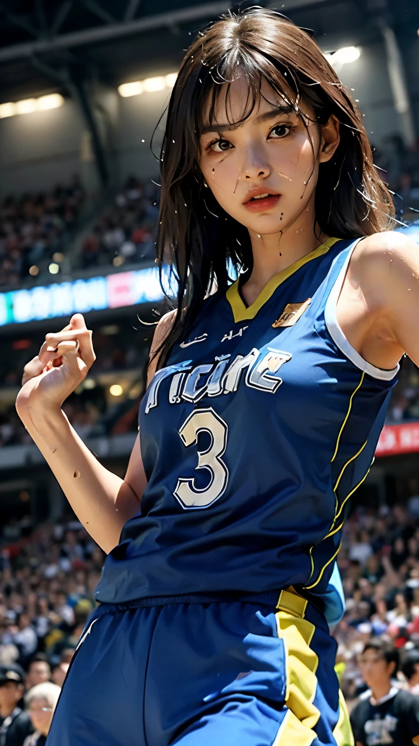Volleyball Court, (Volleyball uniform:1.3), Volleyball Attack, Wearing sweat, The costume is sheer, beautiful earrings,(Camel toes:1.3),(colorful:1.0),1 girl, solo,  (beauty legs:1.3), Skinny Legs, wind:1.4, show skin, glossy skin, cleavage , (small tits:1.3), intricate details, naughty, slutty, perfect hands, detailed hands, perfect eyes, detailed eyes, (8headed body:1.3), (cute face), (Ideal ratio body proportions:1.3), long , (dynamic pose:0.8), (short Dark hair:1.3), realistic, HDR, UHD, nsfw