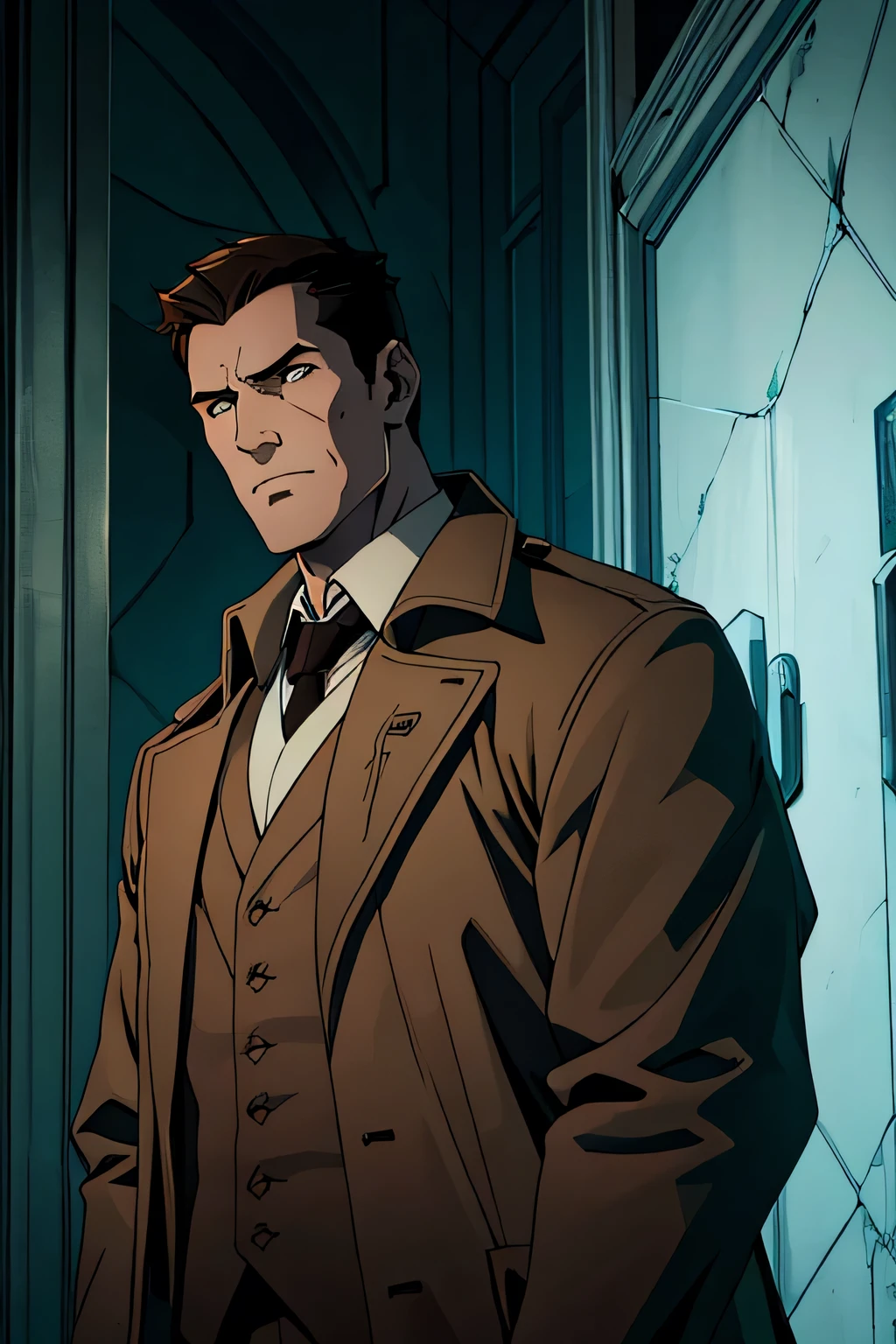 A high resolution:1.2, actual, Detailed pubic hair, Complicated details, profesional lighting, moody ambiance, Detective alone, Yellowish complexion, Brown trench coat, s the perfect face, Contoured skin, Cyan tones, Incandescent illumination, Melancholic, Tall figure, cold light, mortuary, swollen, white cloth.