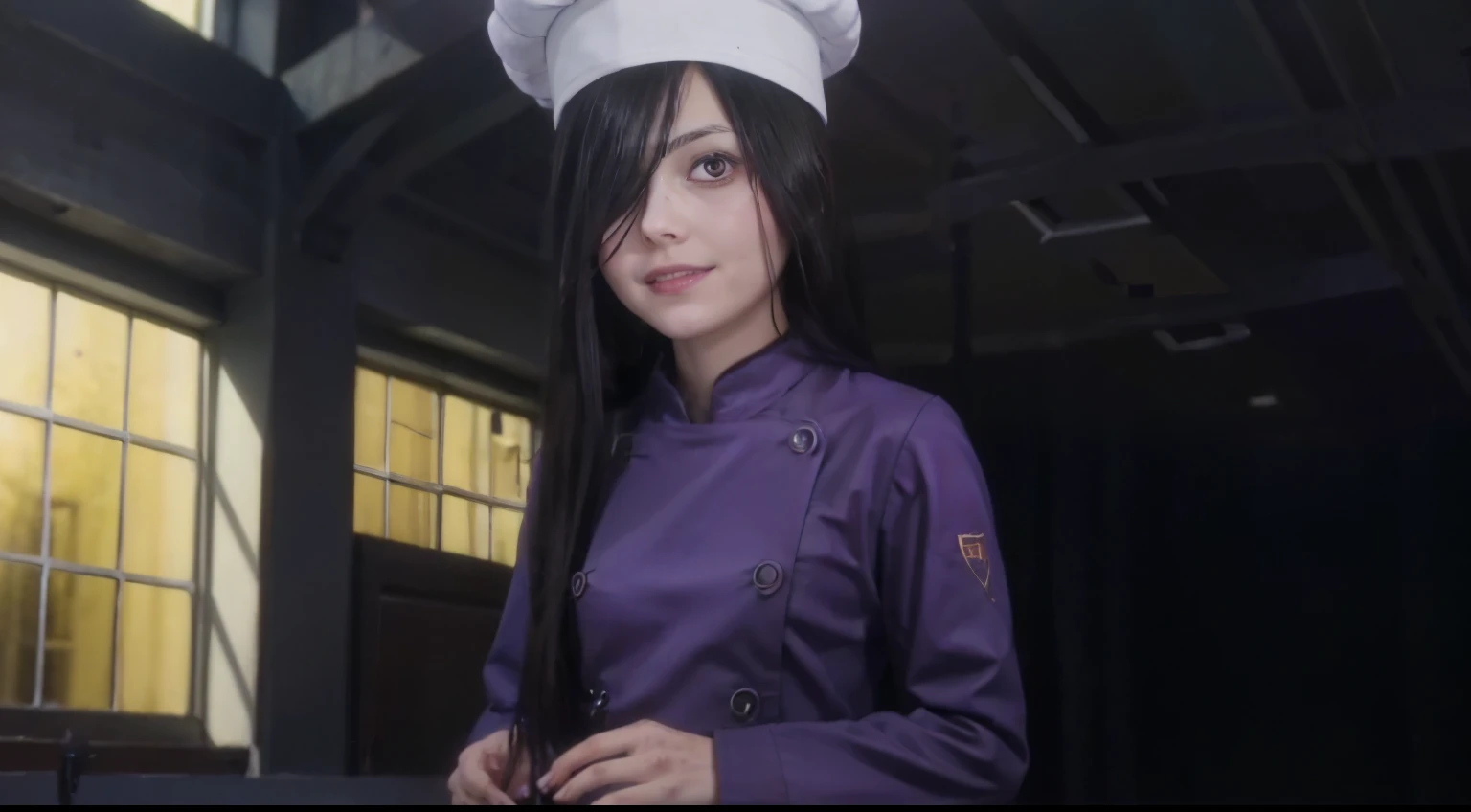 ((masterpiece,best quality)), absurdres, Sadatsuka_Nao_Shokugeki, 1girl, solo, black hair, long hair, hair over one eye, red eyes, chef, chef hat, @_@, solo, smiling, blushing, looking at viewer, cowboy shot, purple clothes