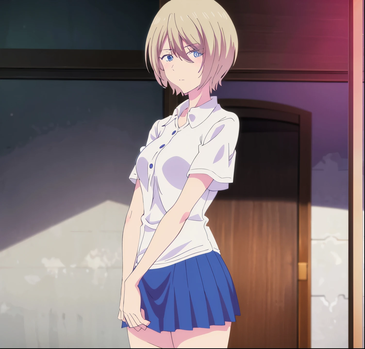 , akane hououji, 1girl, alone, looking at viewer, short hair, blue eyes, blonde hair, hair between eyes, medium breasts, white shirt, shirt ,short sleeves, blue skirt, pleated skirt, panties, collared shirt, panty shot, g-string,good hands,good anatomy