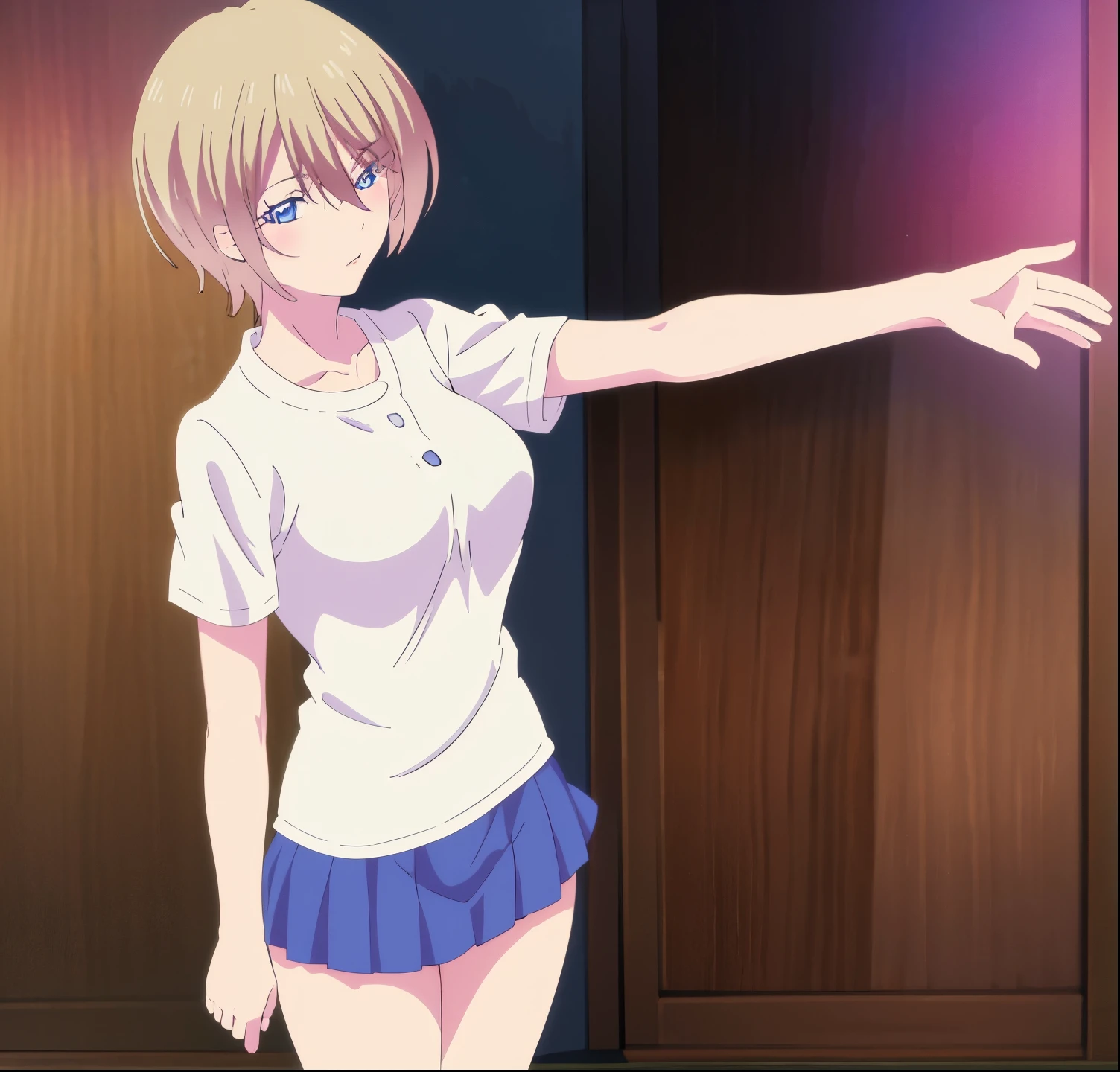 , akane hououji, 1girl, alone, looking at viewer, short hair, blue eyes, blonde hair, hair between eyes, medium breasts, white shirt, shirt ,short sleeves, blue skirt, pleated skirt, panties, collared shirt, panty shot, g-string,good hands,good anatomy