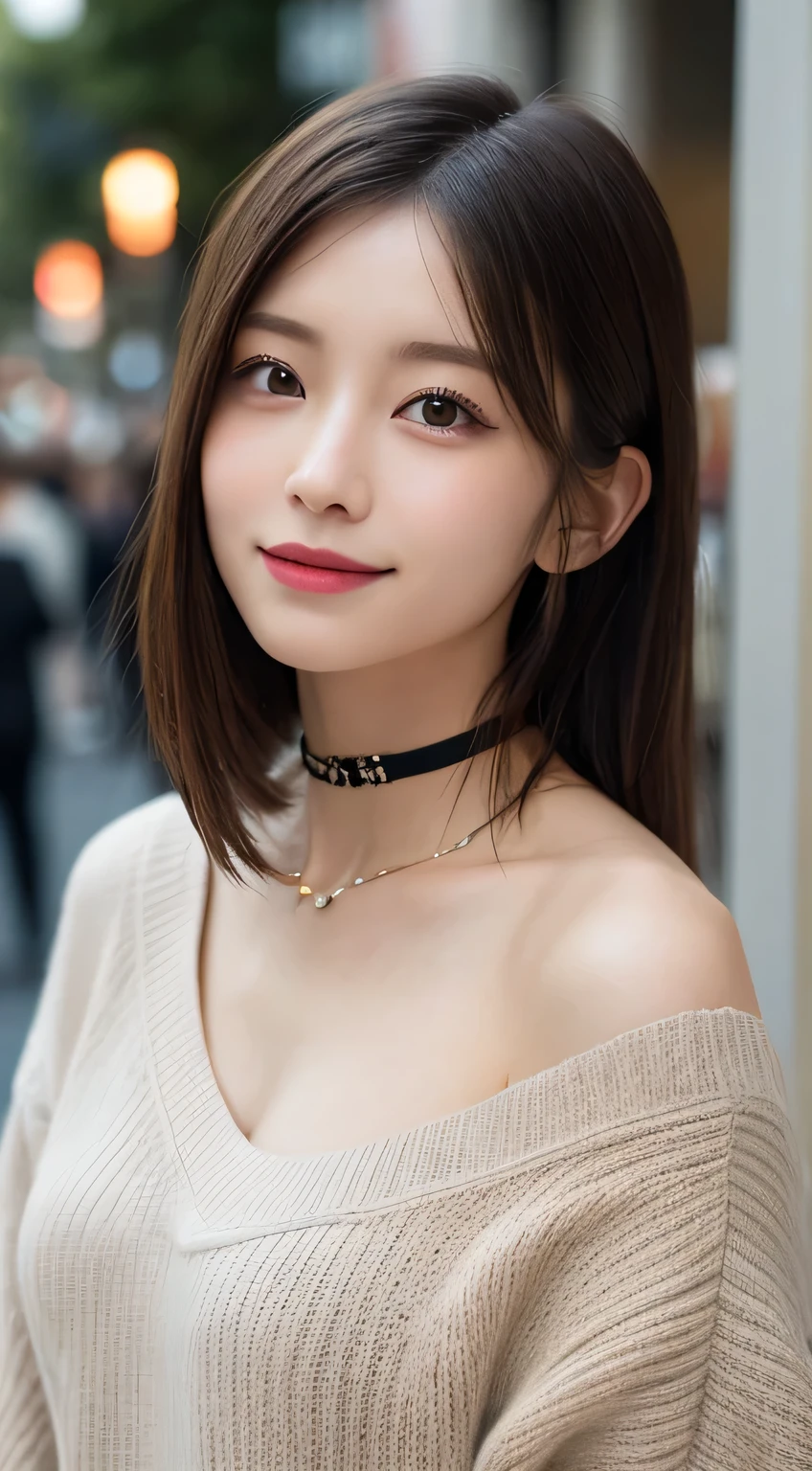 masutepiece, Best Quality, Illustration, Ultra-detailed, finely detail, hight resolution, 8K Wallpaper, Perfect dynamic composition, Beautiful detailed eyes, Dress with open chest,choker with chain,Hair is tied up, small tits, Natural Color Lip, Random and sexy poses,Tokyo Station、20 years girl、Smile