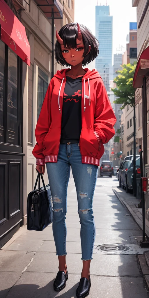 masterpiece, best quality, ultra high res, beautiful, visually stunning, elegant, incredible details,  award-winning art,        0n1, red skin, oni horns, oni, red oni, colored skin,   city, street,hoodie, jeans, handbag,