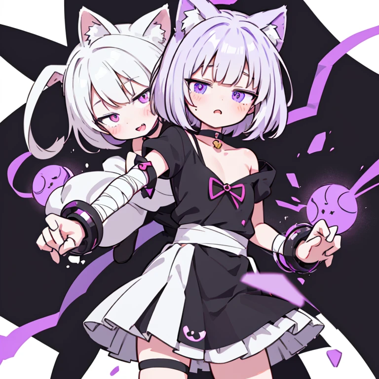 Anime girl with short white hair just above her shoulders, black dress and black stockings, Choker,purple bows on hair, bandages on the hands,cute anime catgirl, anime cat girl, female furry mini cute style, anime style character, flat anime style ,One character,Anime Vtuber Model, anime moe artstyle, white cat girl,violet eyes, pussy juice leaking from under skirt, pussy juice strings under skirt