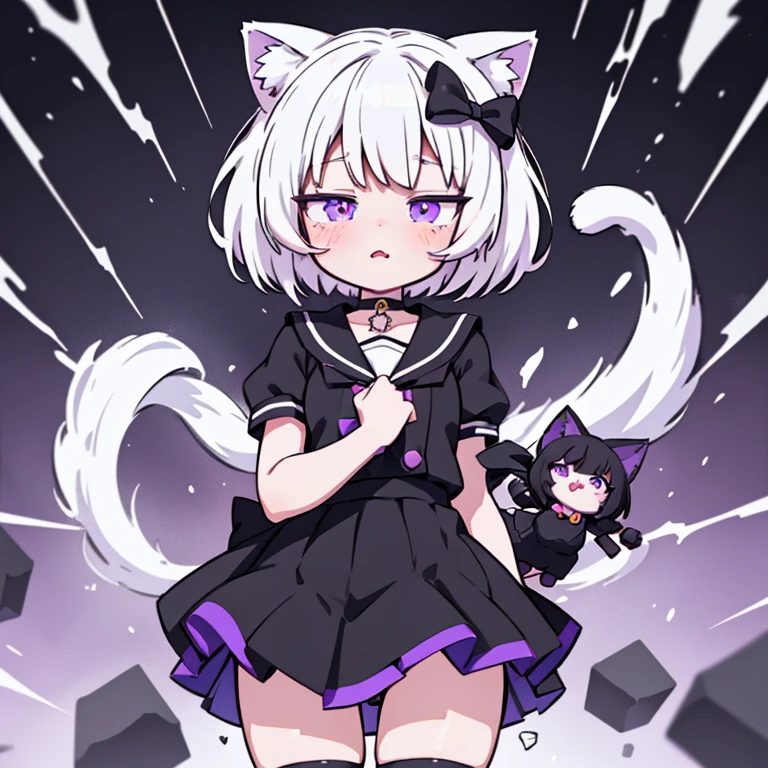 Anime girl with short white hair just above her shoulders, black dress and black stockings, Choker,purple bows on hair, bandages on the hands,cute anime catgirl, anime cat girl, female furry mini cute style, anime style character, flat anime style ,One character,Anime Vtuber Model, anime moe artstyle, white cat girl,violet eyes, pussy juice leaking from under skirt, pussy juice strings under skirt