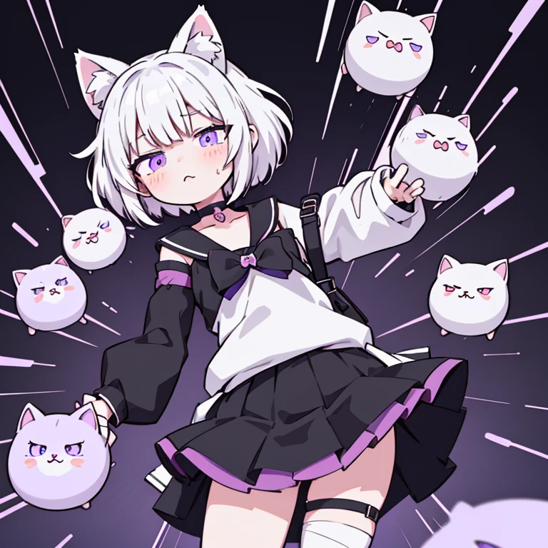 Anime girl with short white hair just above her shoulders, black dress and black stockings, Choker,purple bows on hair, bandages on the hands,cute anime catgirl, anime cat girl, female furry mini cute style, anime style character, flat anime style ,One character,Anime Vtuber Model, anime moe artstyle, white cat girl,violet eyes, pussy juice leaking from under skirt, pussy juice strings under skirt