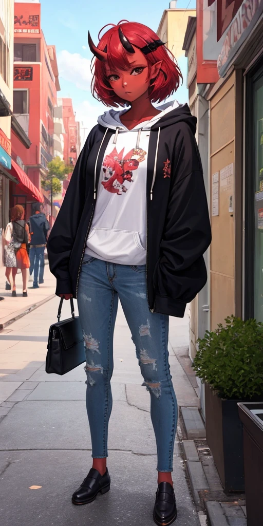 masterpiece, best quality, ultra high res, beautiful, visually stunning, elegant, incredible details,  award-winning art,        0n1, red skin, oni horns, oni, red oni, colored skin,   city, street,hoodie, jeans, handbag,