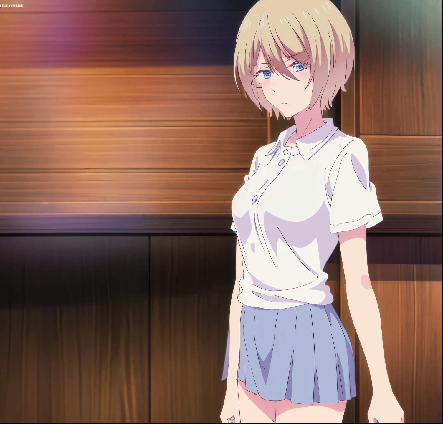 , akane hououji, 1girl, alone, looking at viewer, short hair, blue eyes, blonde hair, hair between eyes, medium breasts, white shirt, shirt ,short sleeves, blue skirt, pleated skirt, panties, collared shirt, panty shot, g-string,good hands,good anatomy