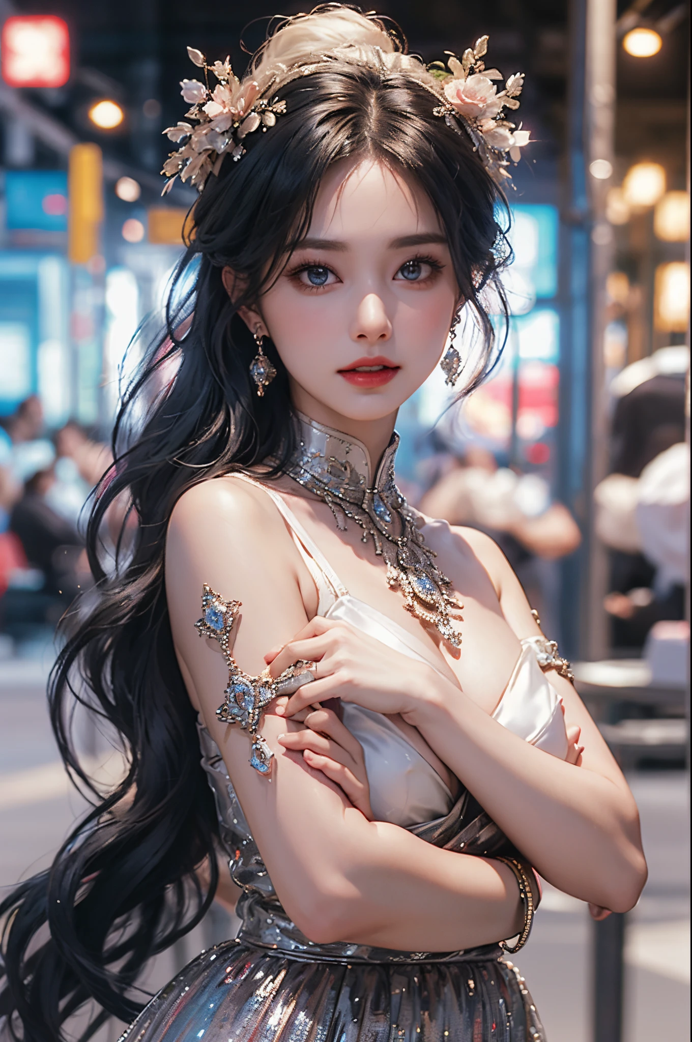 High-quality work,Realistic works,Super premium graphics,8K HD CG works,high quality graphics,High-definition and exquisite CG works,10x pixels,Ultra-fine details:1.1,Advanced technical details:1.1Realistic photo effects,Interior lighting effects:1.5,natural soft light:1.5. Light effect(Virtual light effects:1.8),超高分辨率,shining dress,sliver long hair,silber hair,transparenthair,high detailed hair(Quality hair details:1.1)Clear eyes,Double eyelids look good,Sharp eye makeup, Create exquisite eyelash makeup, tthin eyebrows, Ultra-detailed eyes,a tall nose, lovely red lips, rosey cheeks, With delicate makeup on her face , pretty face, The face shape is perfectly proportioned,(Advanced facial details:1.1)Sparkling luxury gown collection,glitter dress,Sequin coat,Shiny,Tight long skirt,Summer sexy hip wrapped fishtail sleeveless commuter maxi,Horse socks 100%Oily Panst Glossy Silk Gloss 8D Black Silk Women,Beautiful long dress with stiletto heeleautiful outfit,High fashion dress collection,Dress photography,Authentic dress work,inside a ballroom,Women's artwork,Dress full body video,真实感,Amazing Cleavage,My eyes are very bright today