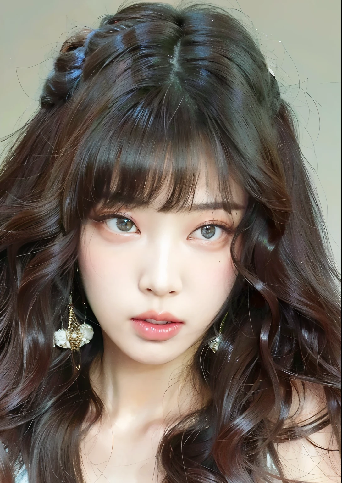 um close up de uma mulher com cabelos longos usando brincos, franja encaracolado, franja fofa, Ulzzang, maquiagem sul-coreana popular, Jinyoung Canela, franja encaracolado and ponytail, neat hair com franja, Lalisa Manobal, black wavy hair com franja, maquiagem coreana popular, wan adorable korean face, franja e cabelos ondulados, Jaeyeon Nam, com franja