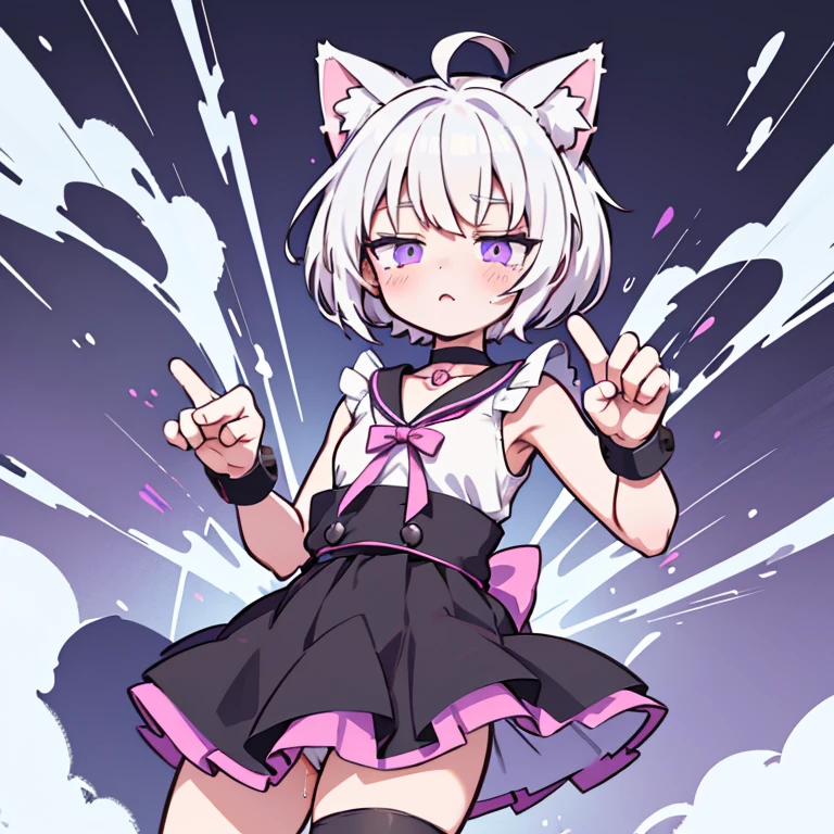 Anime girl with short white hair just above her shoulders, black dress and black stockings, Choker,purple bows on hair, bandages on the hands,cute anime catgirl, anime cat girl, female furry mini cute style, anime style character, flat anime style ,One character,Anime Vtuber Model, anime moe artstyle, white cat girl,violet eyes, pussy juice pouring from under skirt, pussy juice strings under skirt